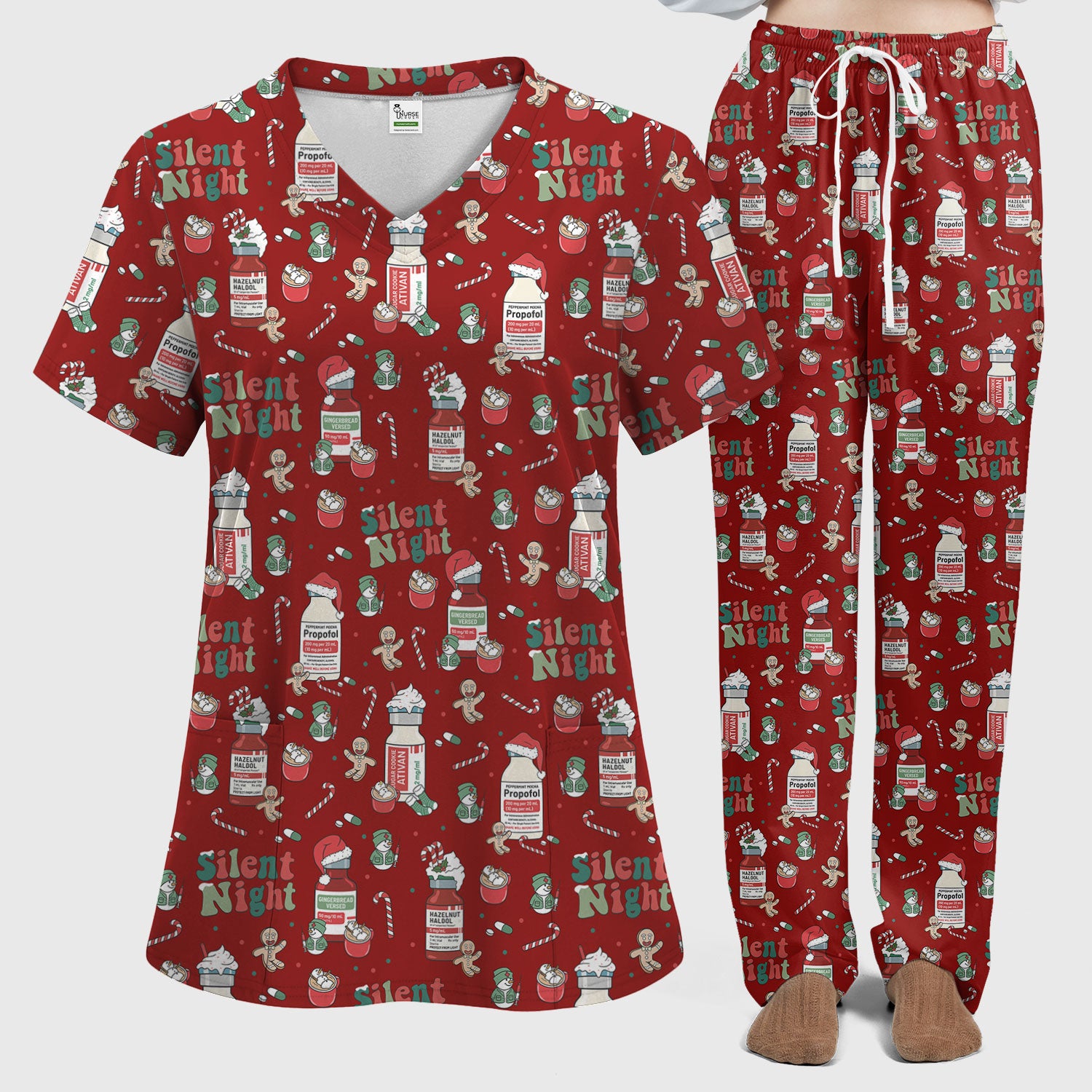 Christmas Medicine Scrub Set for Nurses - Silent Night Propofol Print Scrubs Pants and Top - Funny Holiday Medical Scrub Gift for Women RN CNA LPN