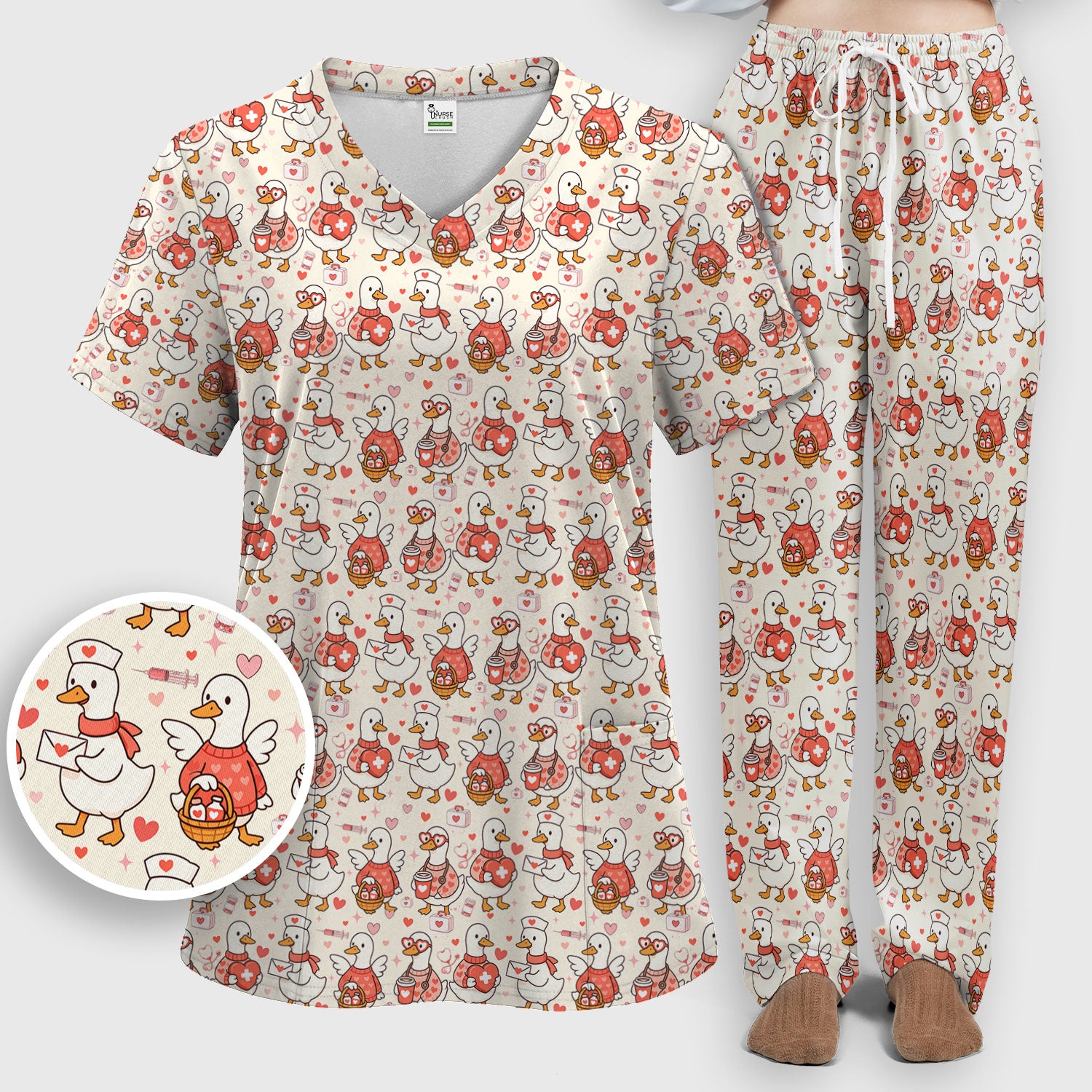Valentine Goose Nurse Scrub Set, Heart Medical Pattern Nurse Shirt, Breathable Fabrics Nursing Uniform