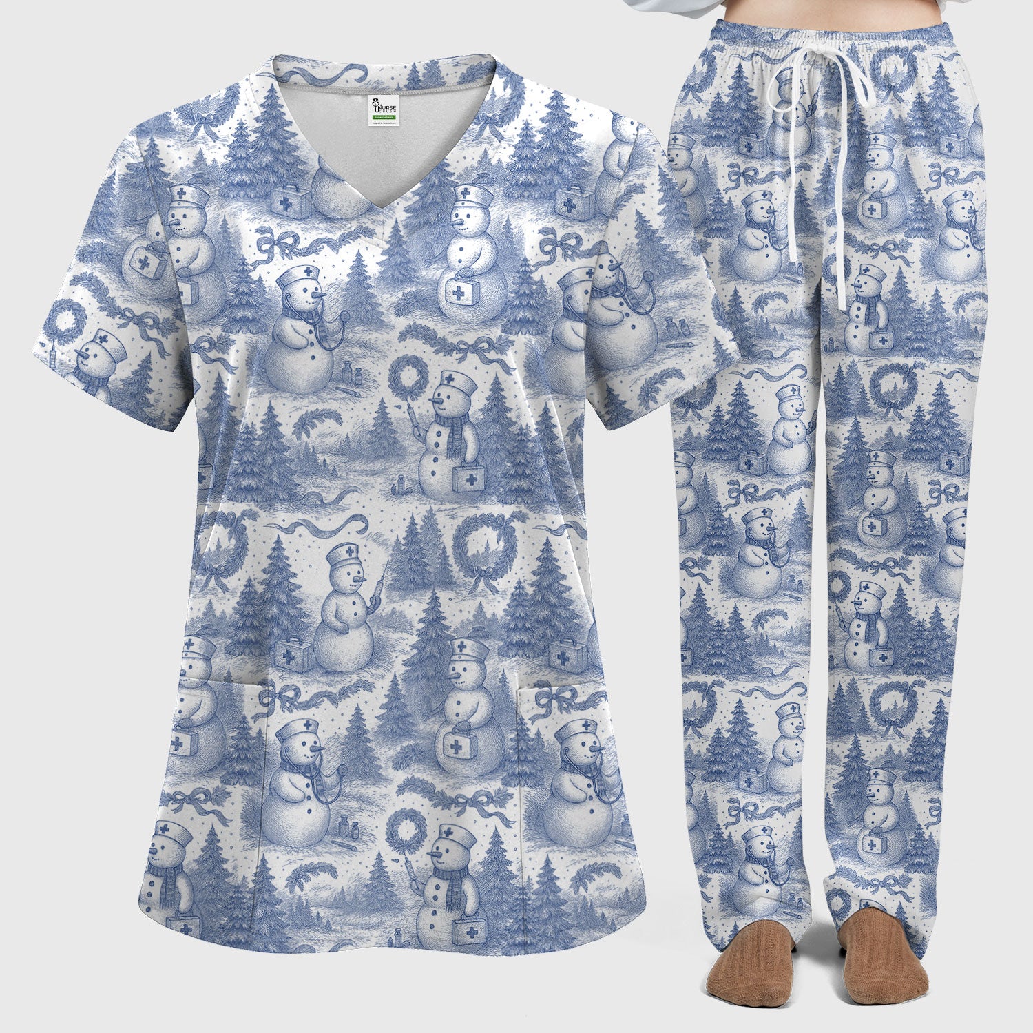Toile de Jouy Christmas Scrubs Set – Elegant Snowman and Nurse Pattern – Classic Holiday Scrub Top and Pants for Women