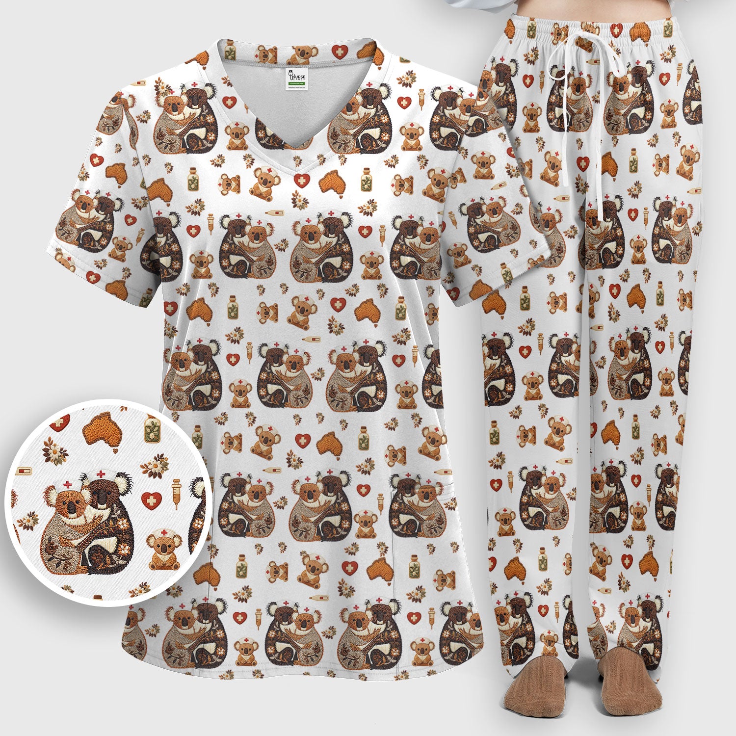 Cute Cartoon Koala Valentine Nurse Design Scrub Set, Breathable Med Uniform