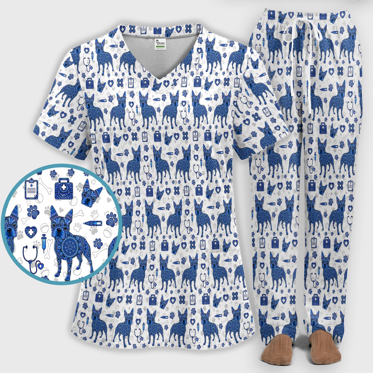 Blue Heeler Australian Cattle Dog Scrub Set, Australia Dot Art Pattern Shirt, Breathable Fabrics Nursing Uniform