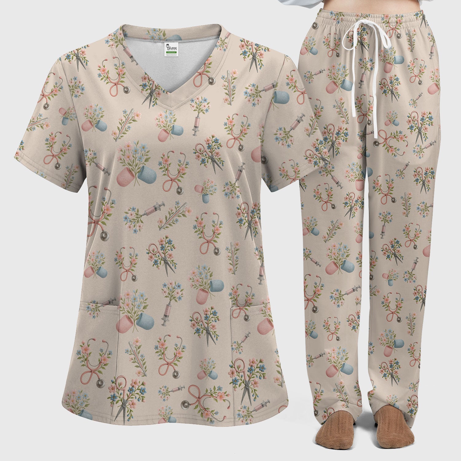 Floral Medical Scrub Set, Elegant Stethoscope With Flower Nursing Shirt, Breathable Fabrics Nurse Uniform