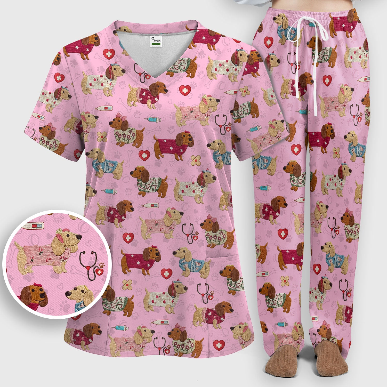 Cute Medical Wiener Dog Pattern Nurse Shirt, Dachshund Nursing Scrub Set, Breathable Fabrics Nursing Uniform