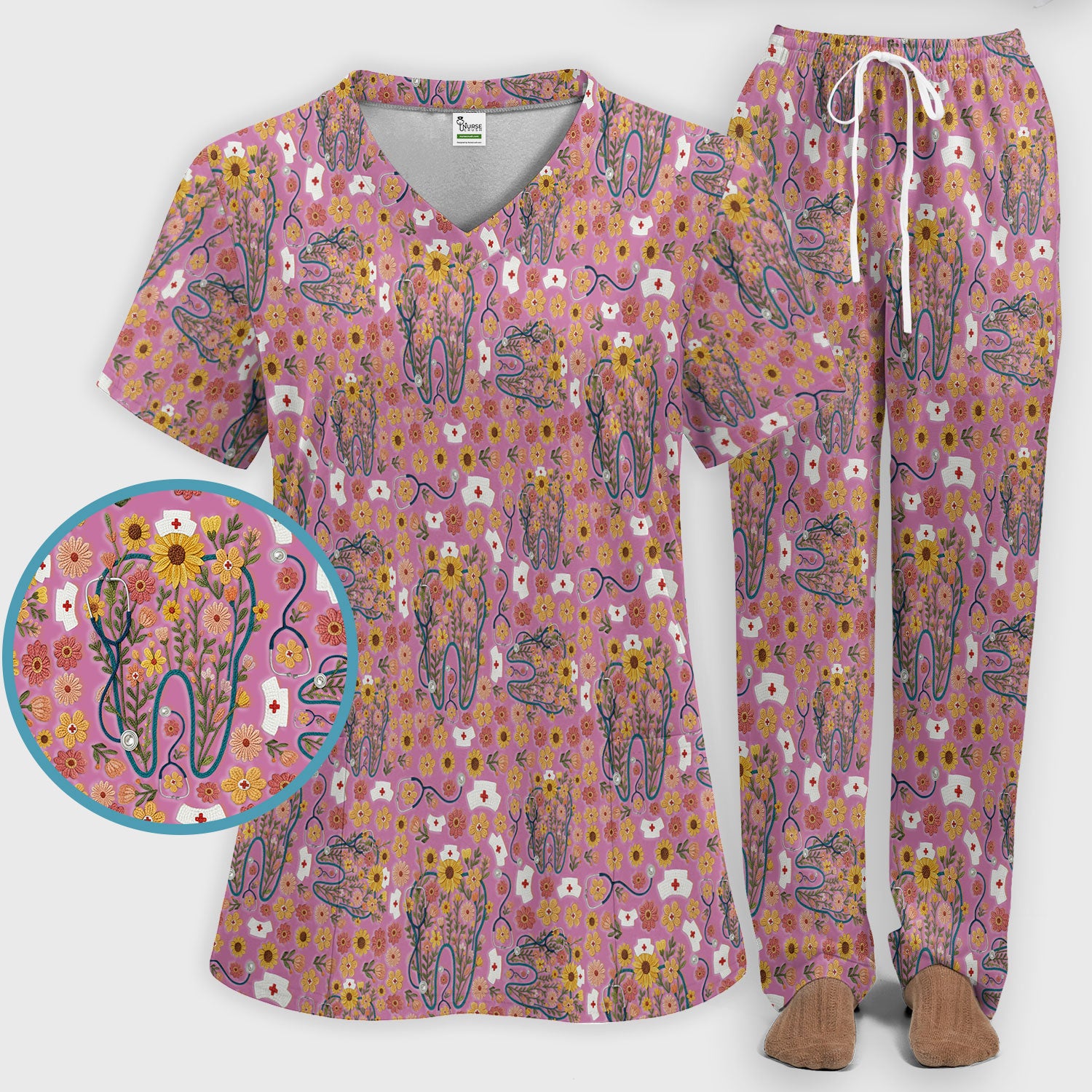 Boho Floral Tooth Scrub Set - Aesthetic Dental Scrubs Pants and V Neck - Cute Flower Tooth Medical Uniform - Hygienist Christmas Gift