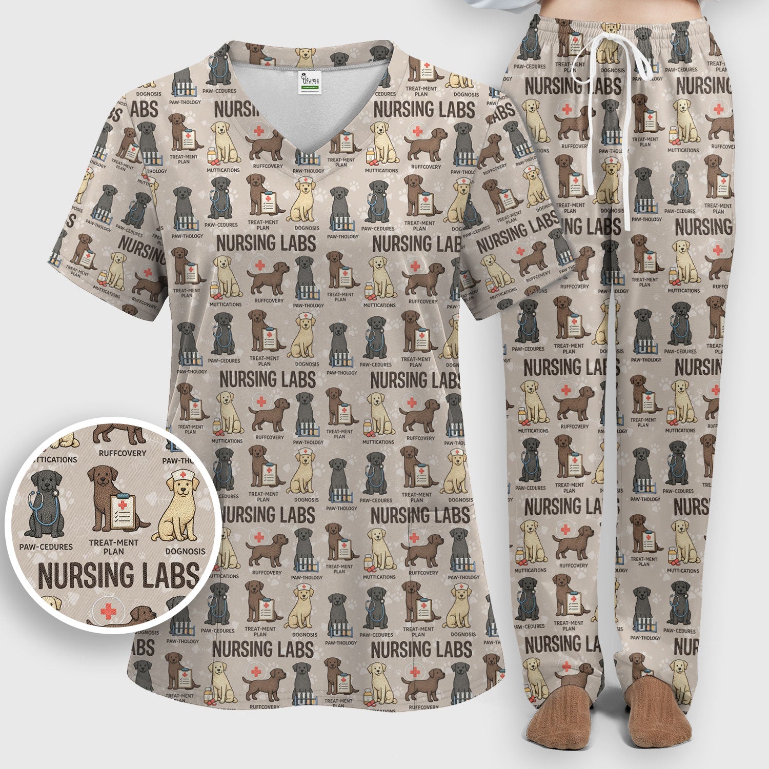 Playful Nursing Labs Dog Pattern Scrub Set, Nurse Uniform Scrubs Set