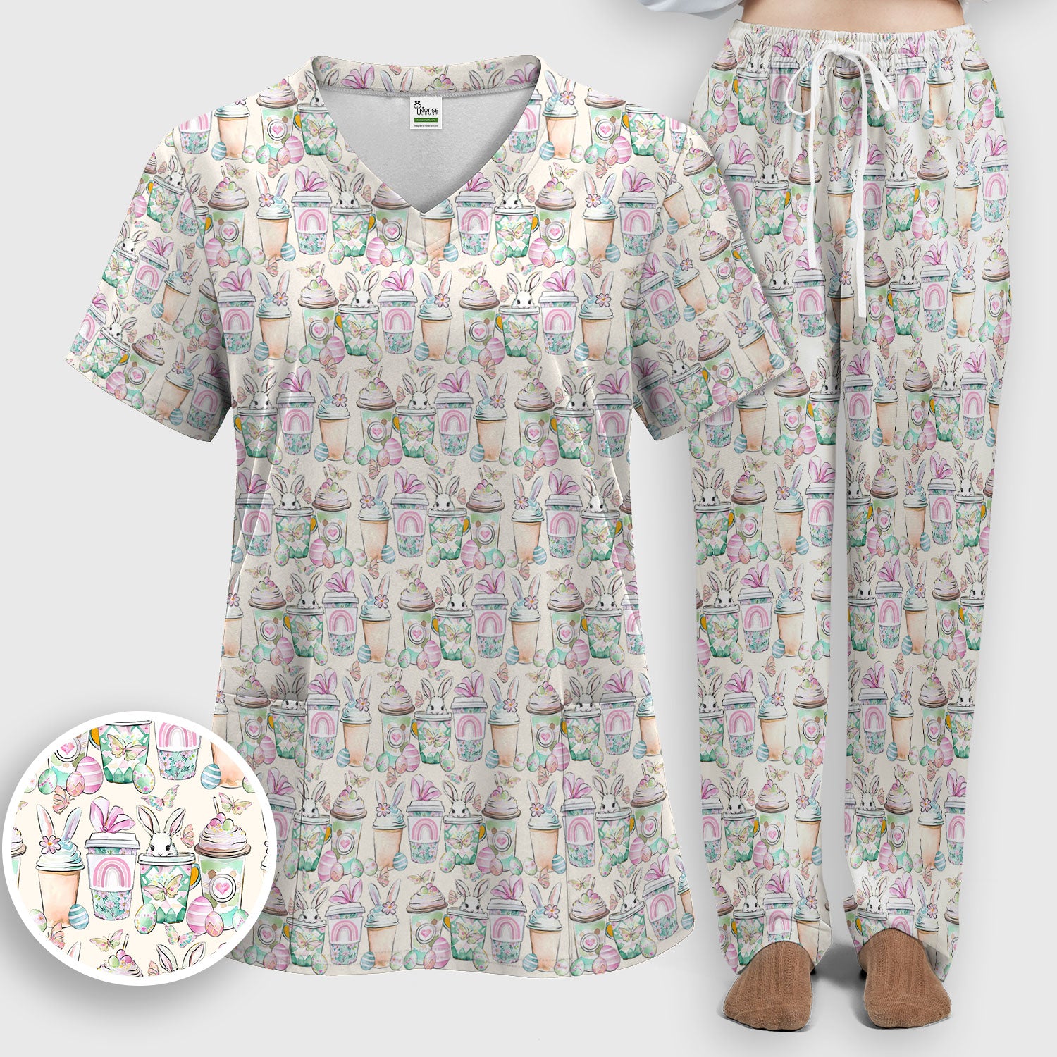 Cute Easter Bunny Coffee Cup Pattern Scrub Sets, Scrub Pants and V Neck Top