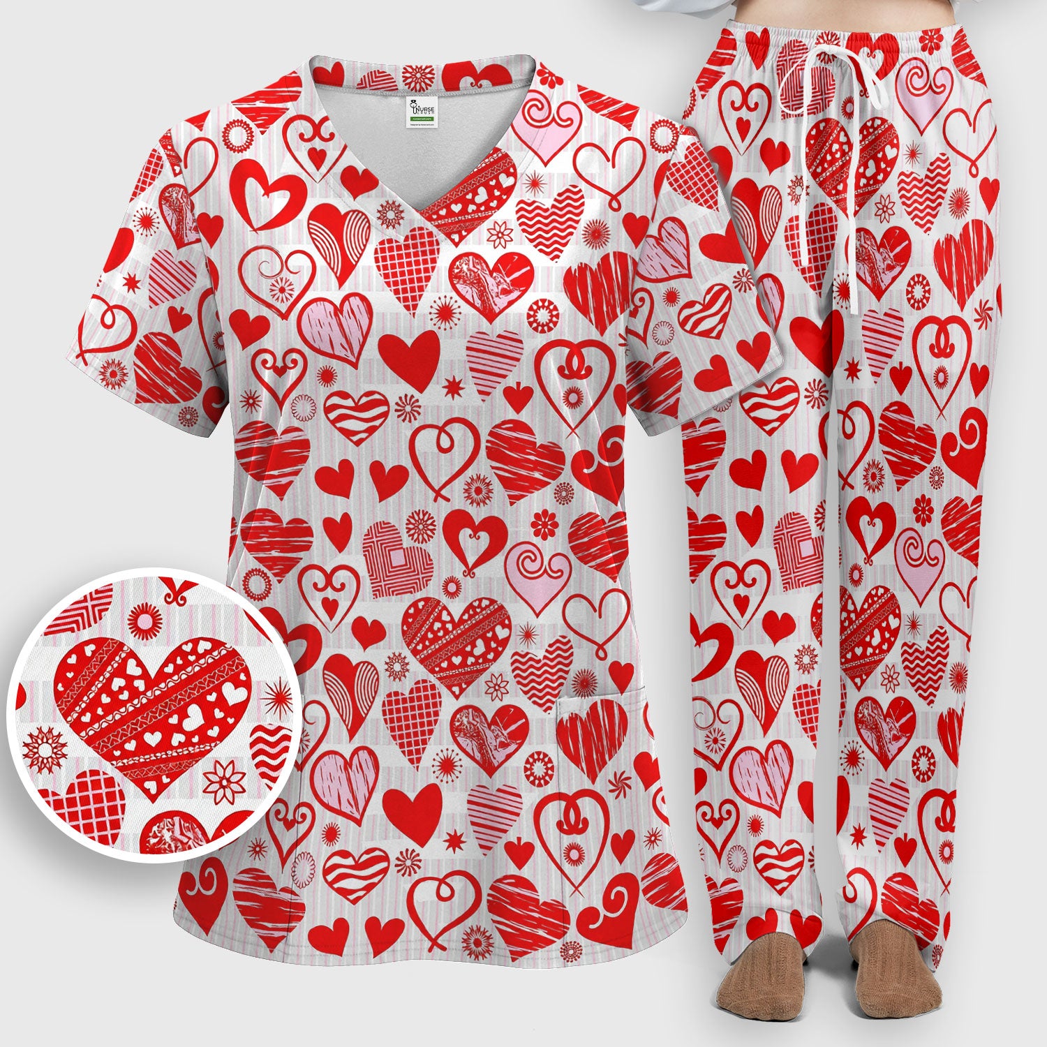 Hearts Scrub Set For Nursing, Valentine Heart Pattern Nurse Shirt, Comfortable Scrubs For Nurses