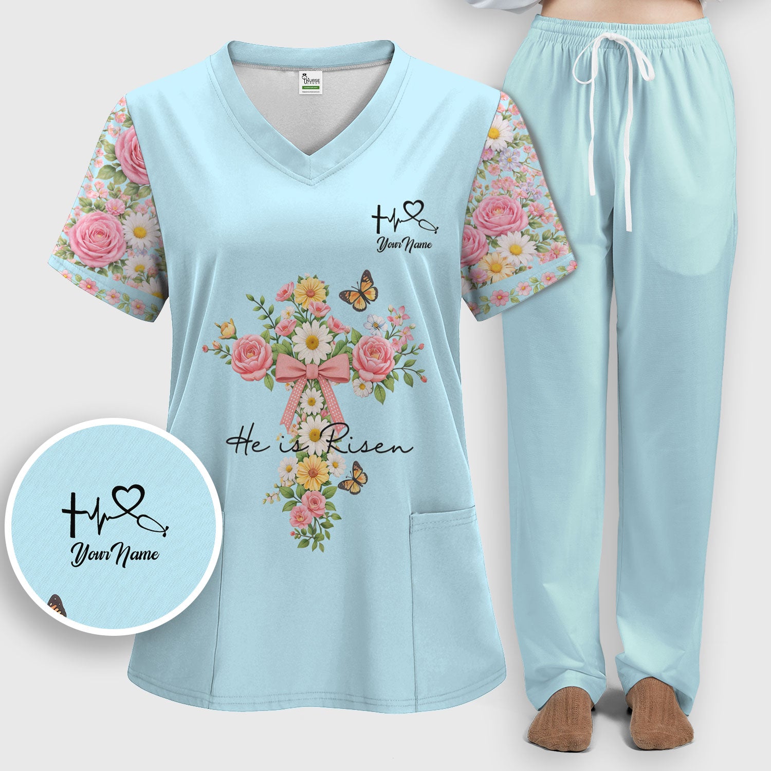 Personalized Meaningful Easter Nurse He Is Risen Floral Cross Bow Pattern Scrub Set, Women's Scrub Sets