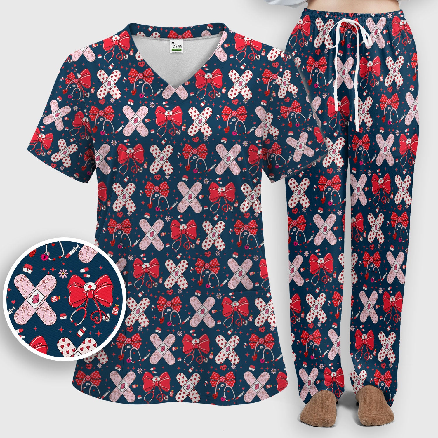 Valentine Nurse Scrub Set, Red Bow And Heart Bandage Pattern Medical Shirt, Breathable Fabrics Nursing Uniform
