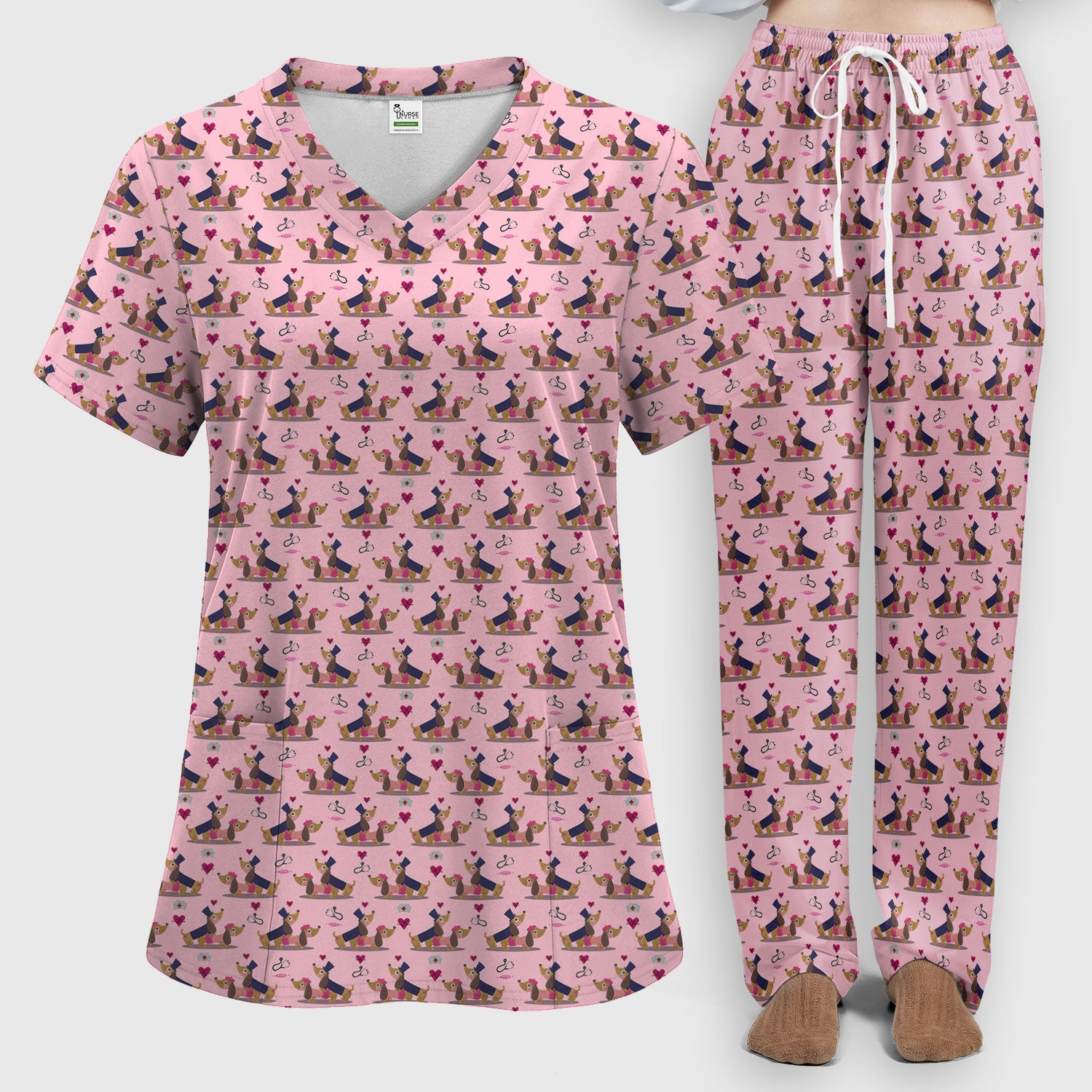 Valentine Dachshund Nurse Scrub Set - Funny Couple Gift for Women