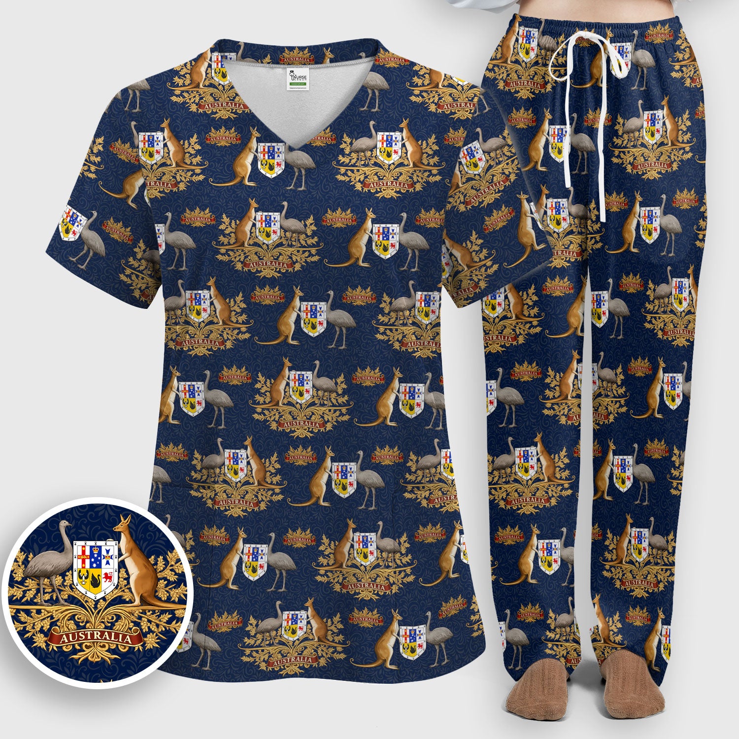 Australian National Crest Kangaroo Emu Scrub Set, Women's Scrub Sets
