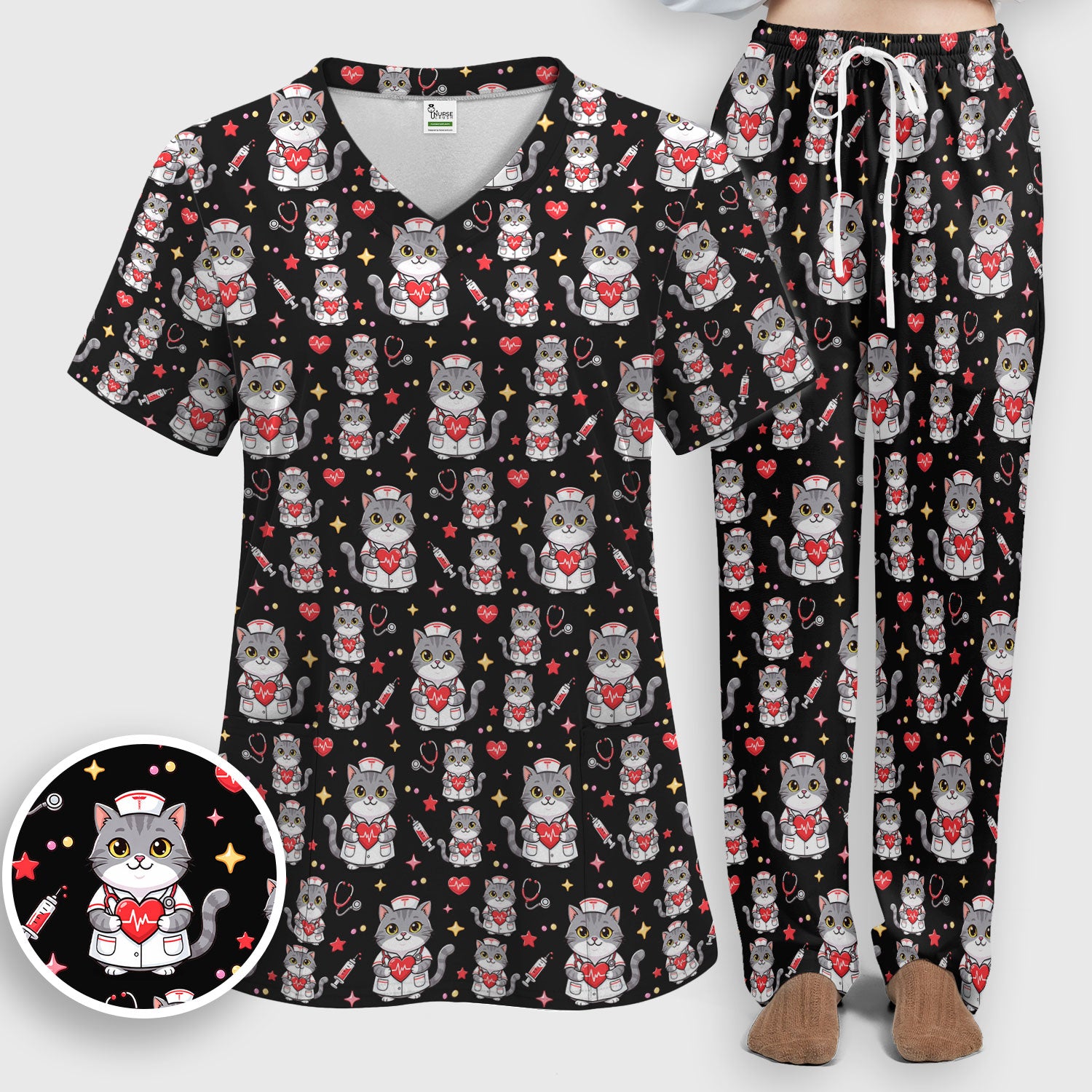 Cute Nurse Cat Heart Medical Print Scrub Set, Scrub Pants and V Neck Top