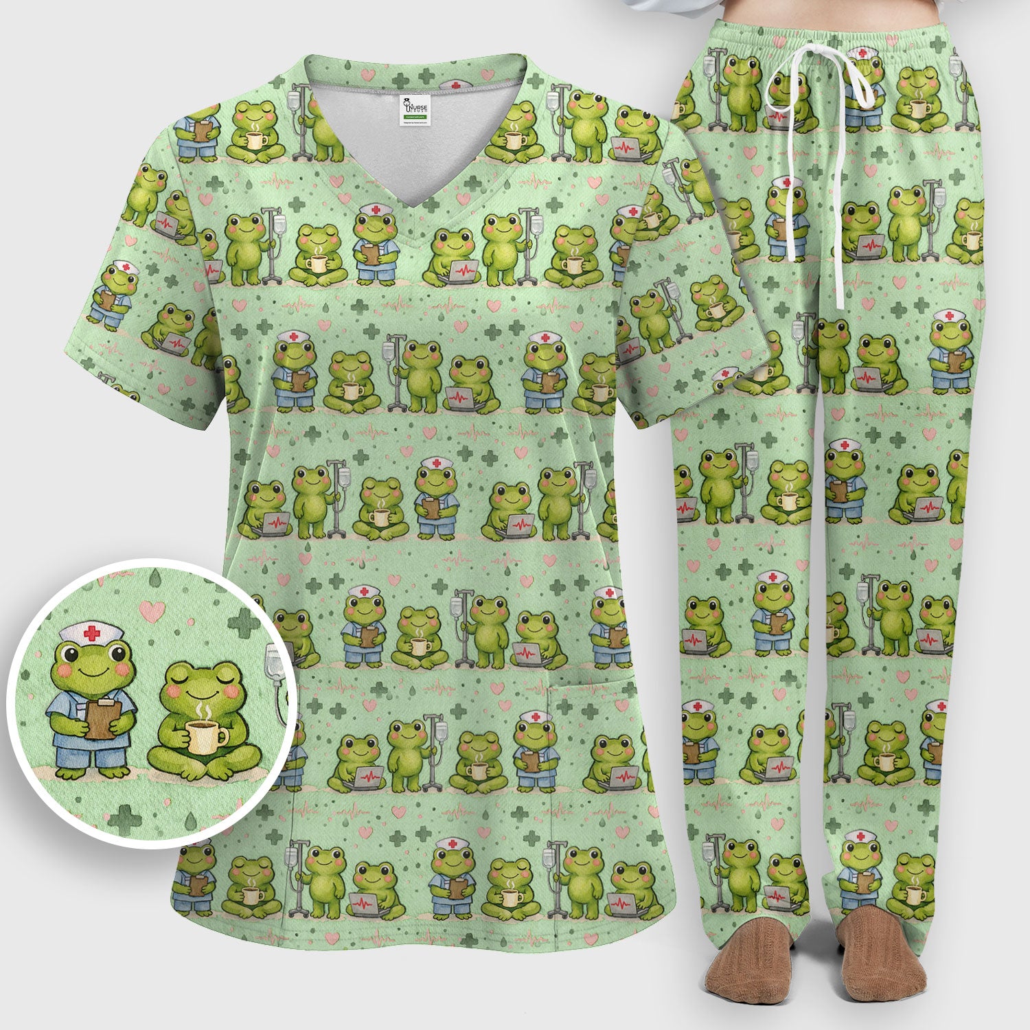 Adorable Frog Nurse Various Poses Print Scrub Set, Breathable Med Uniform