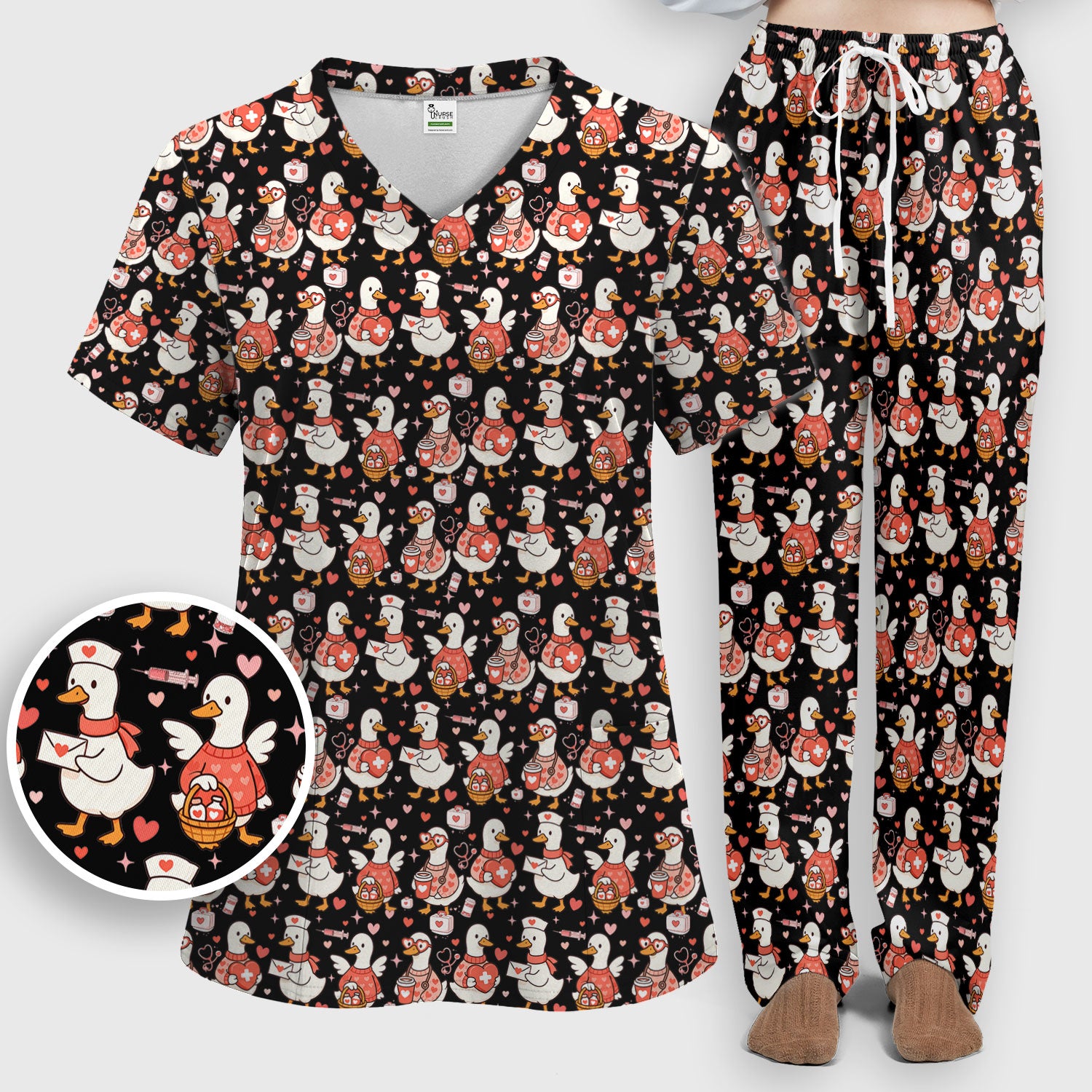 Valentine Goose Nurse Scrub Set, Heart Medical Pattern Nurse Shirt, Breathable Fabrics Nursing Uniform