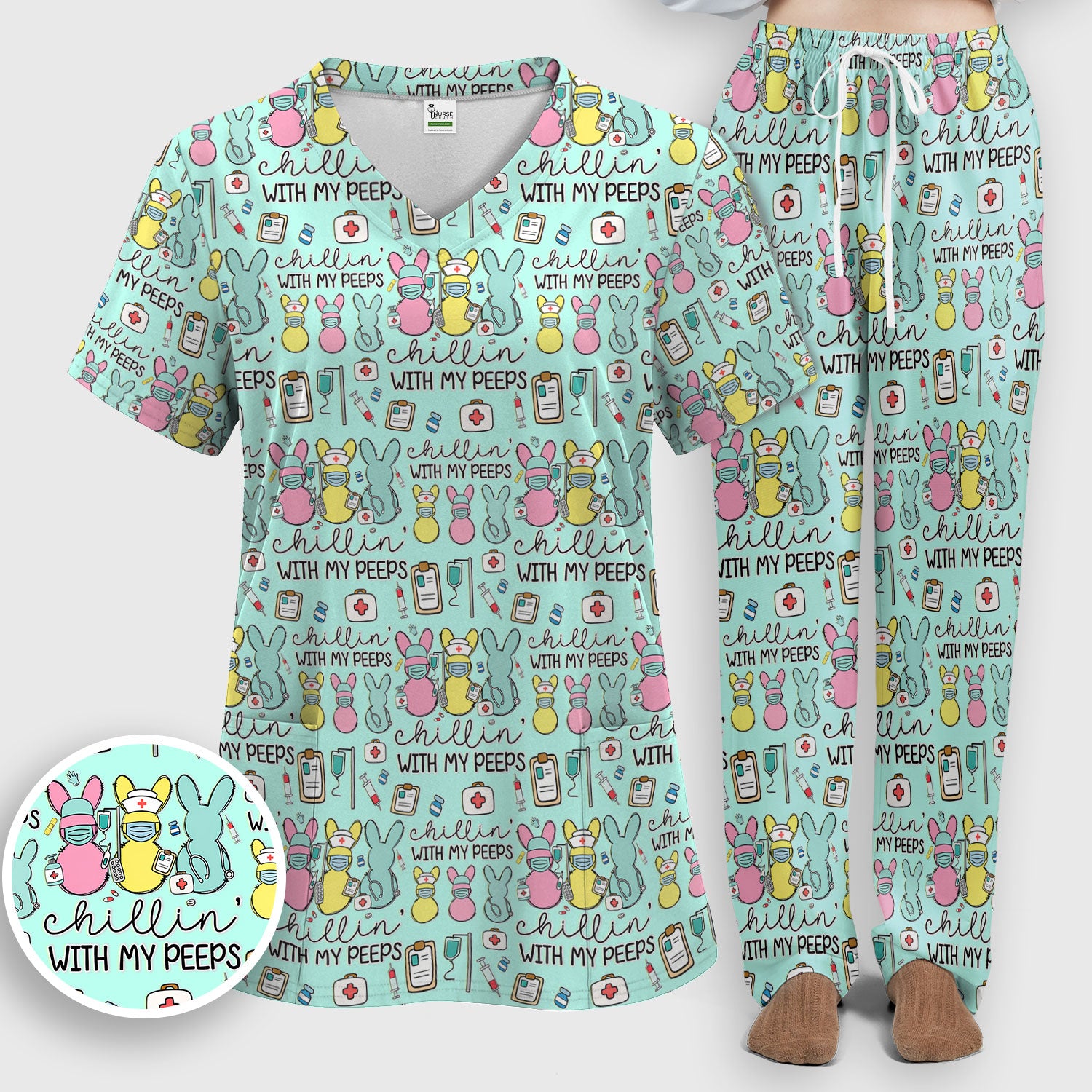 Cute Bunny Nurse Chillin With My Peeps Scrub, Women's Scrub Sets
