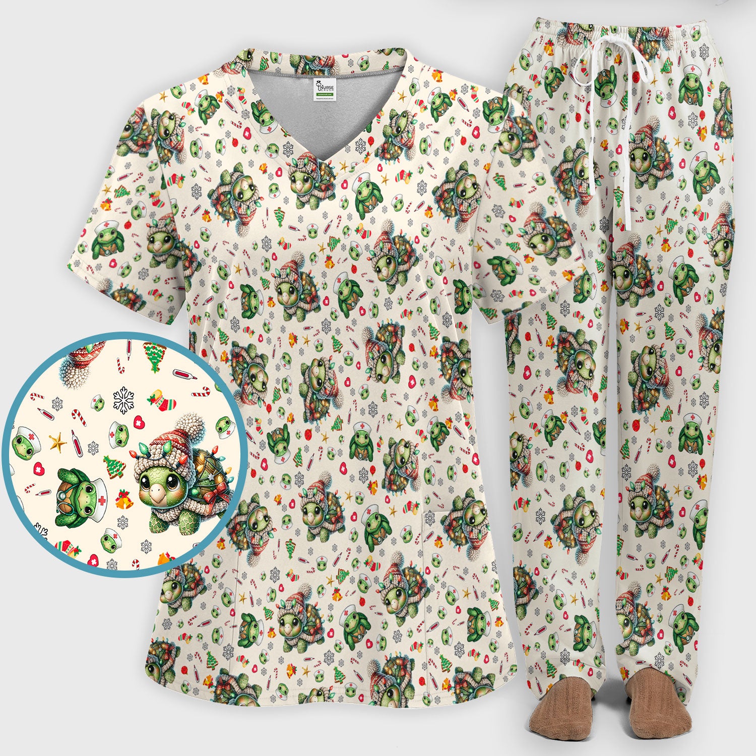 Christmas Turtle Scrub Set - Cute Funny Nurse Pants and V Neck Top - Holiday Medical Uniform for Women