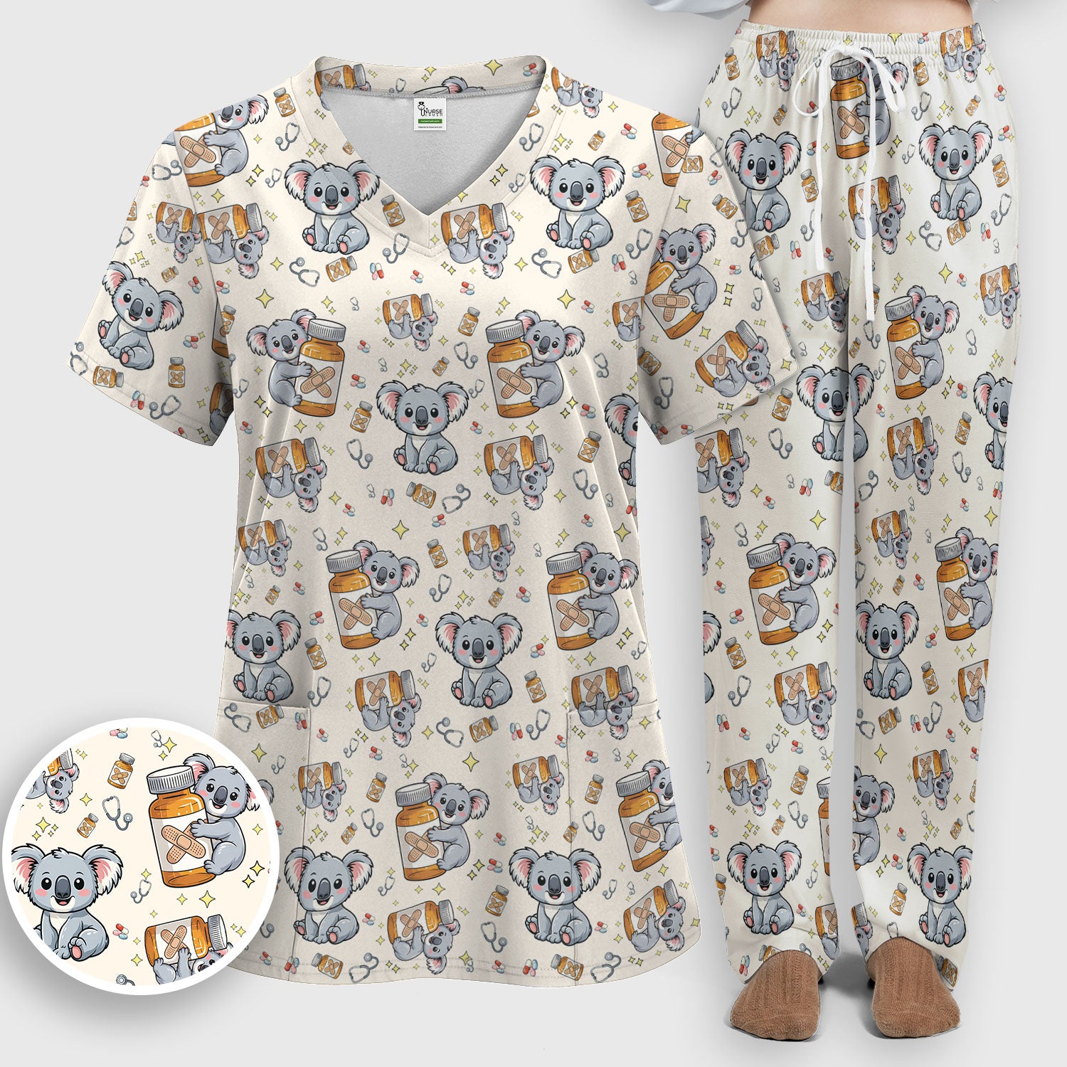 Cute Koala Nurse Bandage Medicine Print Scrub Set, Breathable Med Uniform