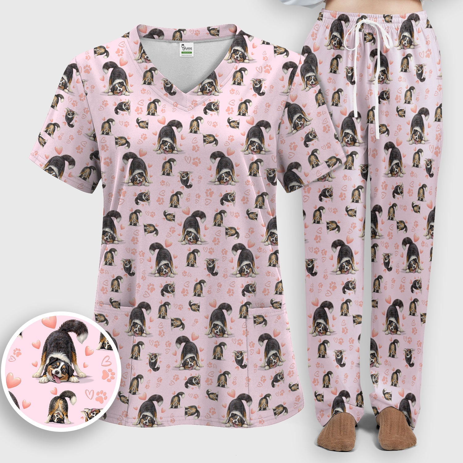 Playful Dog Heart Medical Print Scrub Set, Breathable Med Uniform