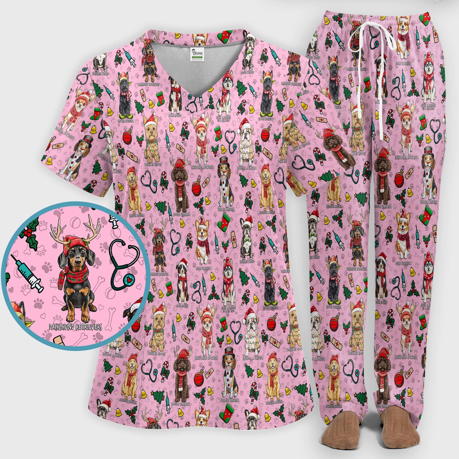 Christmas Dog Scrub Set for Nurses - Dachshund, Husky, Poodle, Corgi & Labrador Holiday Scrub Top and Pants - Funny Santa Medical Shirt
