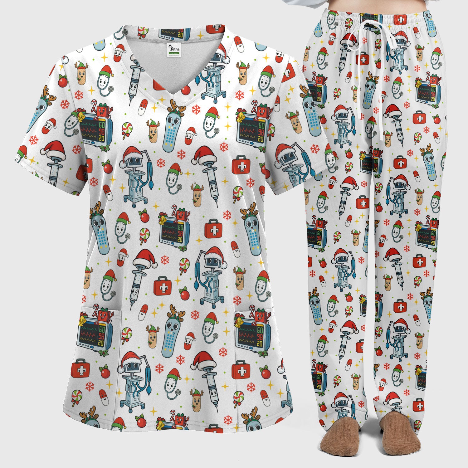 Christmas Nurse Scrub Set - Funny Robot and Reindeer Pattern Medical Scrubs - Cute Holiday Matching Set for Women Nurses