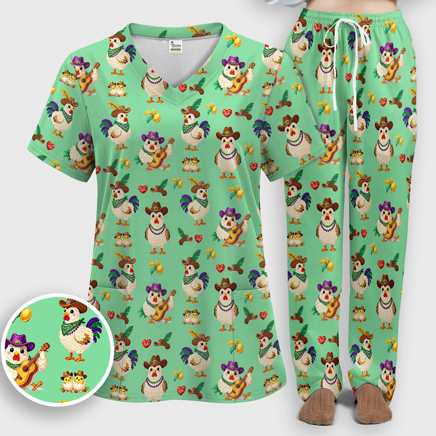 Funny Mardi Gras Rooster Cowboy Print Set, Women's Scrub Sets