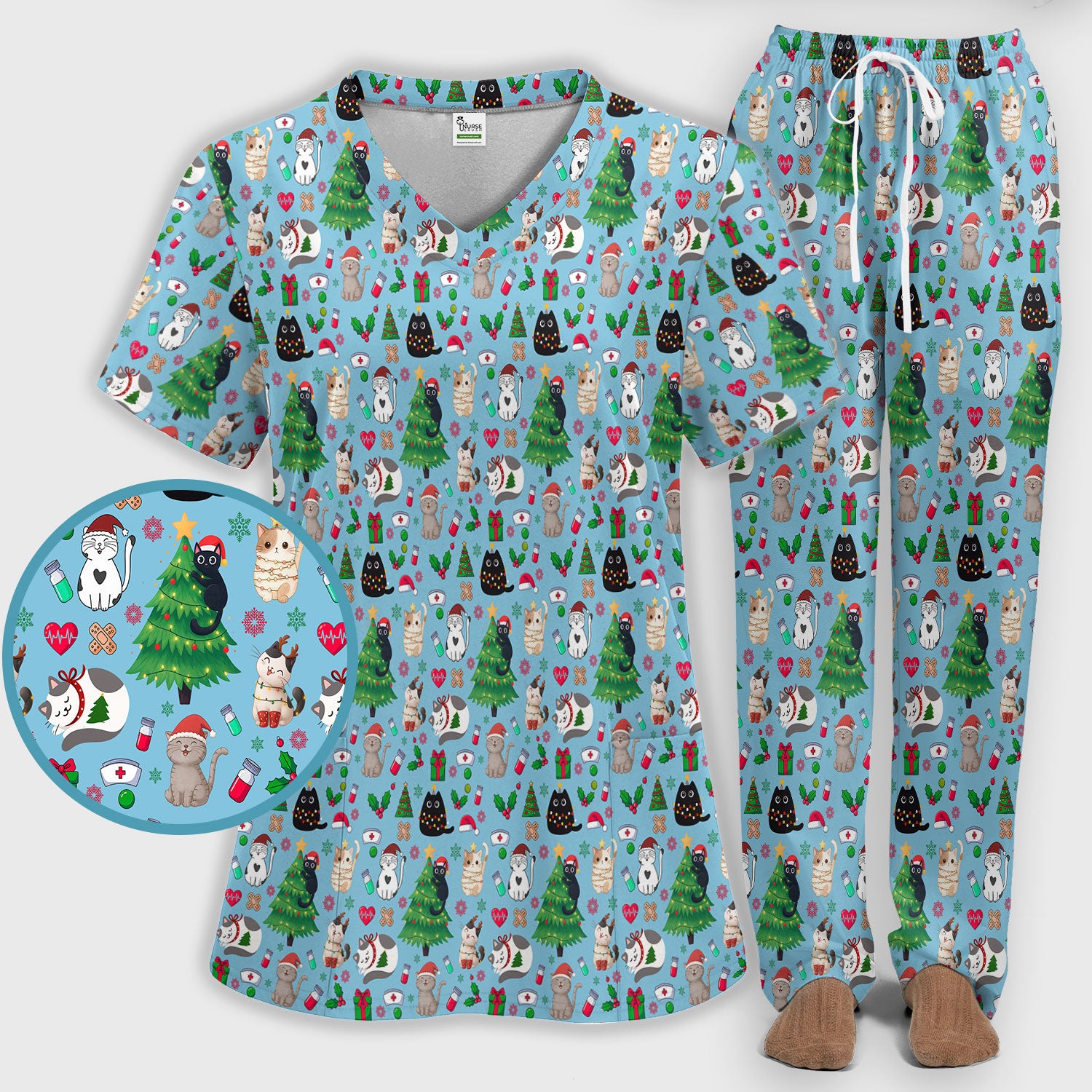 Christmas Cat Scrub Set, Xmas Pet Pattern Scrub Shirt, Breathable Fabrics Nursing Uniform