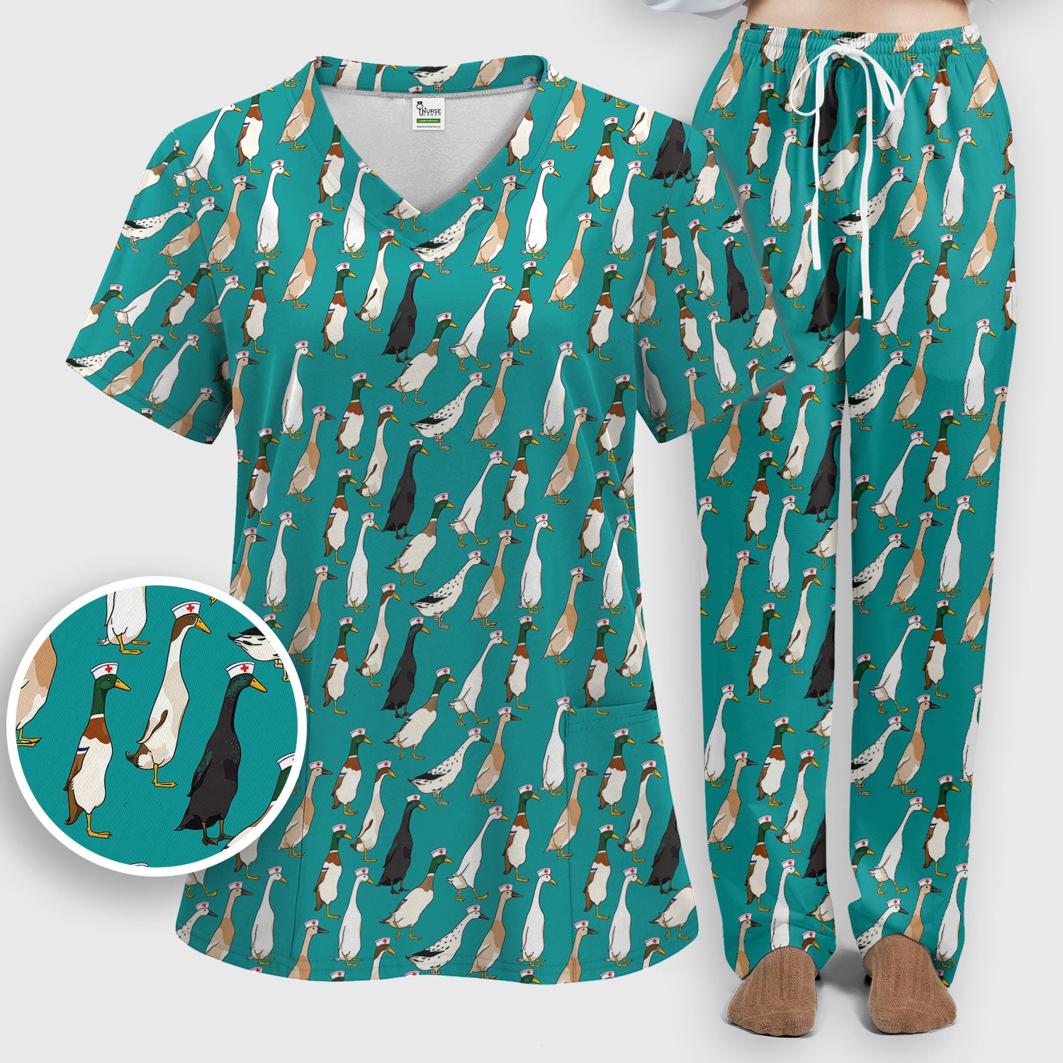 Funny Nurse Duck Pattern Scrub Set, Breathable Med Uniform