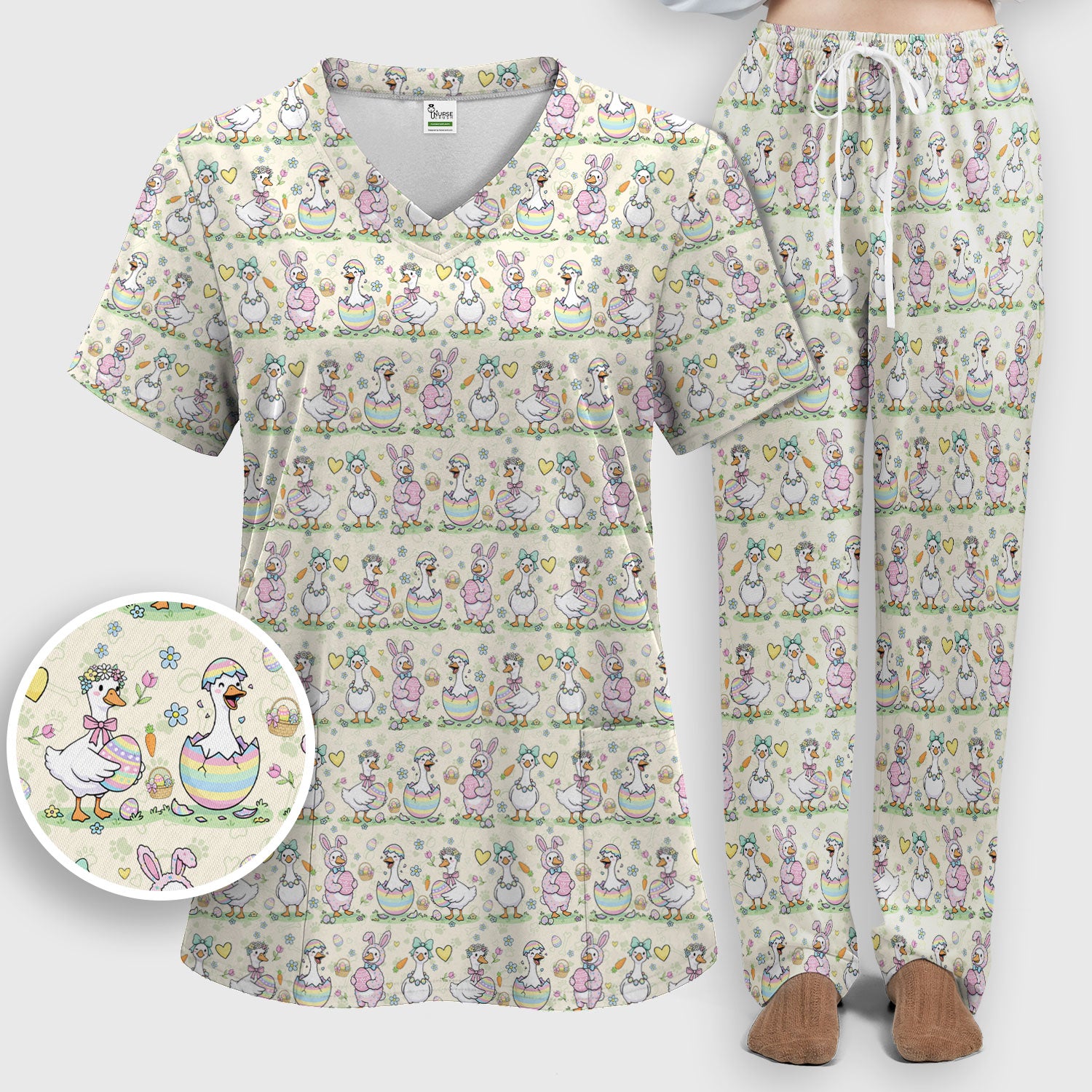 Spring Easter Goose and Bunny Print Scrub Set, Breathable Med Uniform