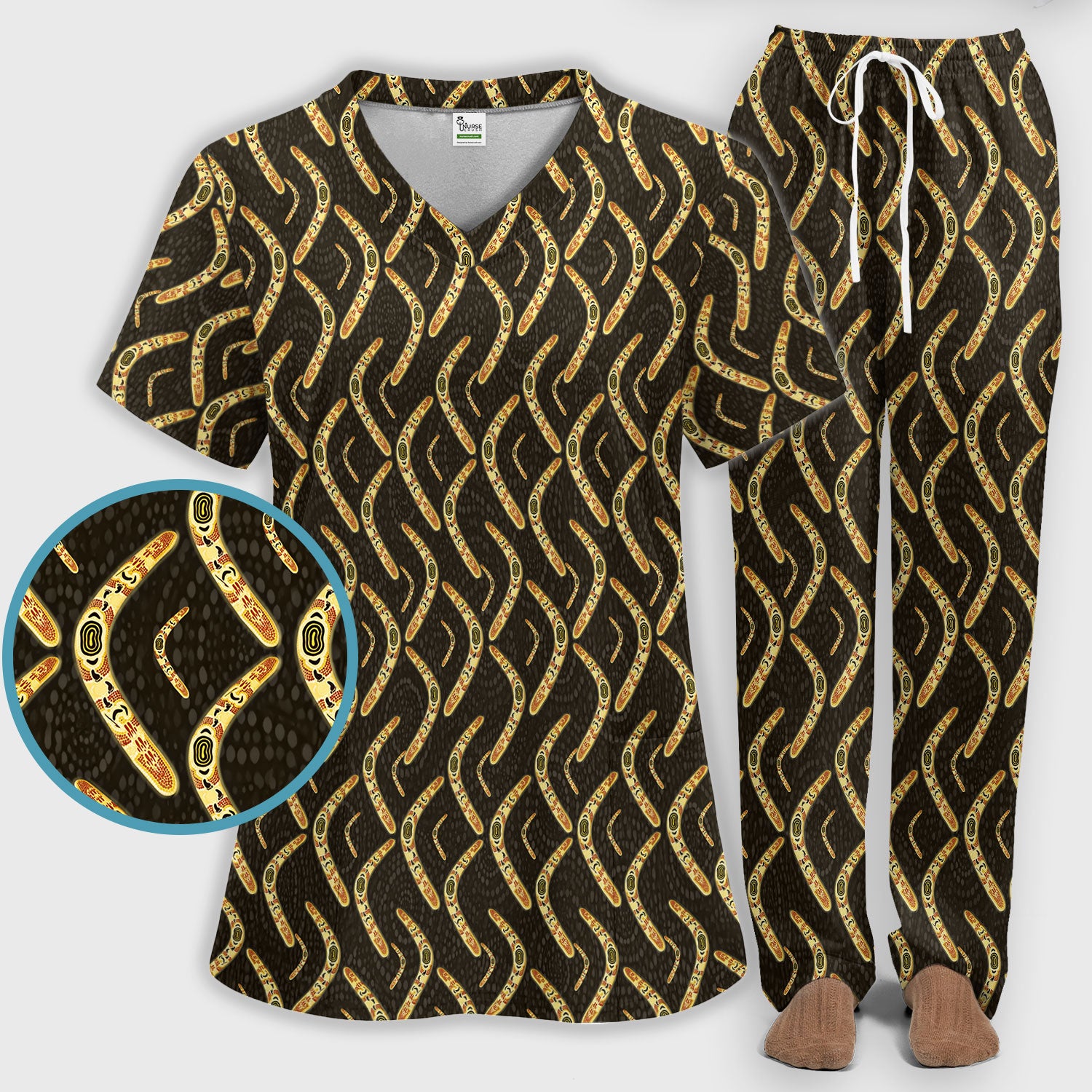 Aboriginal Boomerang Pattern Women Scrub Set, Breathable Med Uniform