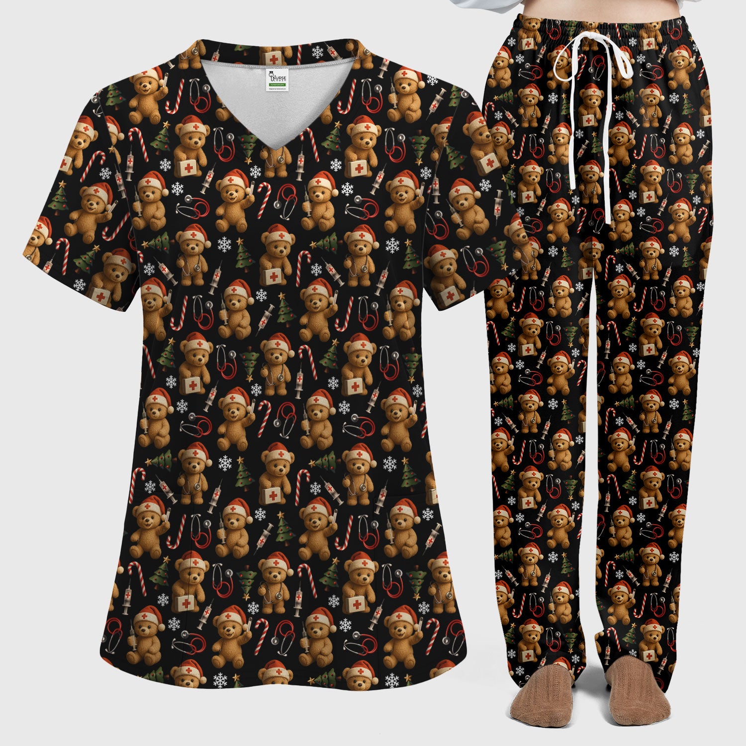 Gingerbread Bear Nurse Christmas Scrub Set - Cute Holiday Medical Pattern with Stethoscopes & Candy Canes - Festive Scrubs for Women