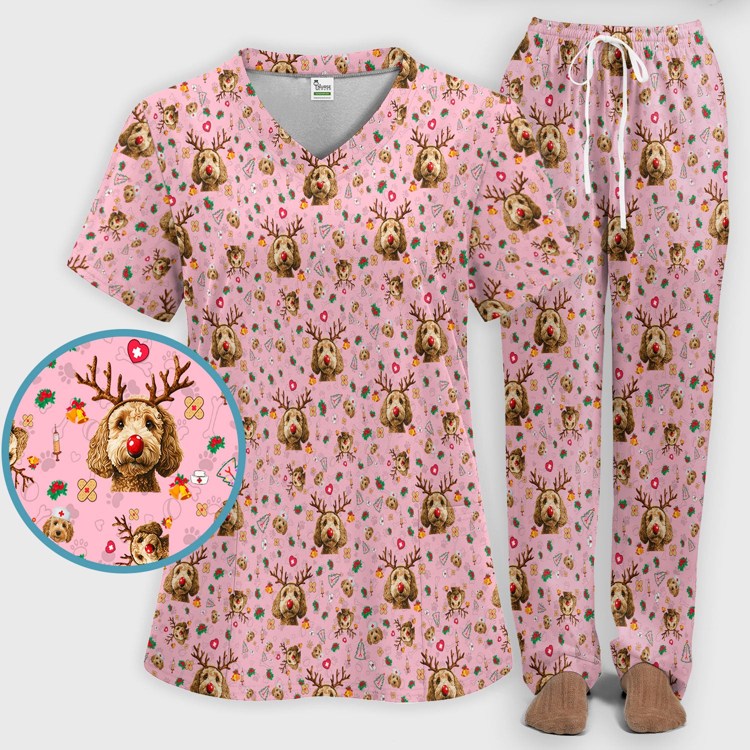 Christmas Labradoodle Scrub Set - Funny Reindeer Dog Nurse Pants and V Neck Top - Cute Holiday Medical Uniform