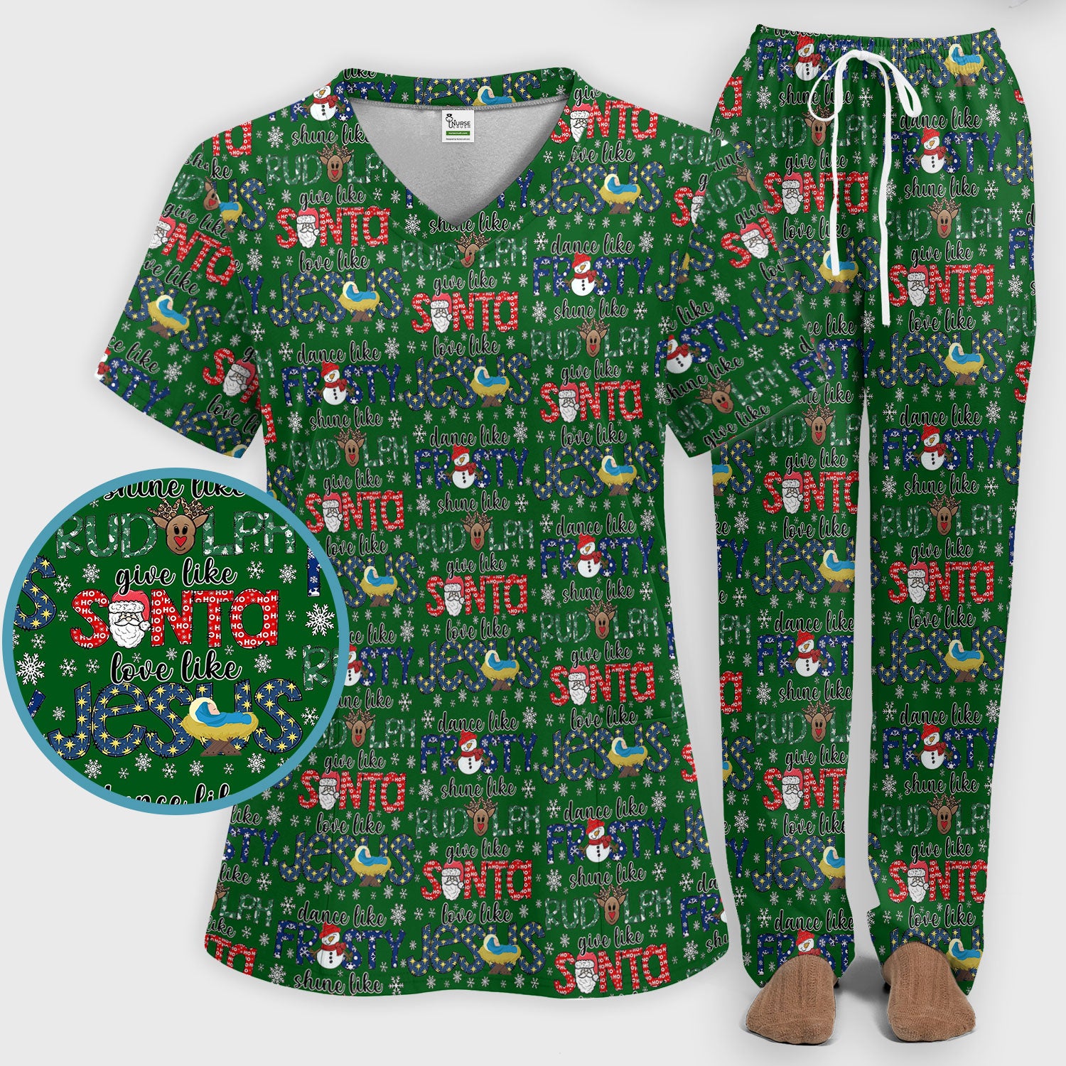 Xmas Rudolph Comfortable Scrub Set for Nurses - God Santa Scrub Pants and V Neck Top - Breathable Med Uniform