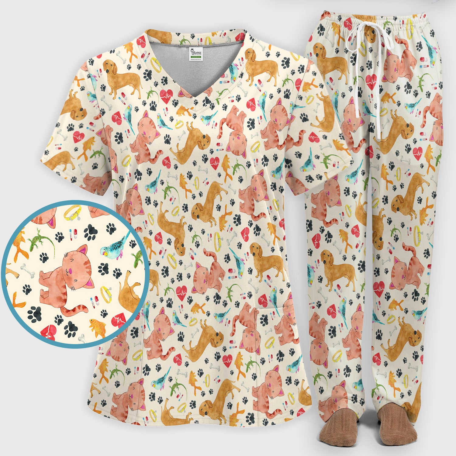 Cute Cat Dog Scrub Set - Animal Lover Medical Uniform - Funny Veterinary Nurse Gift for Women RN CNA LPN