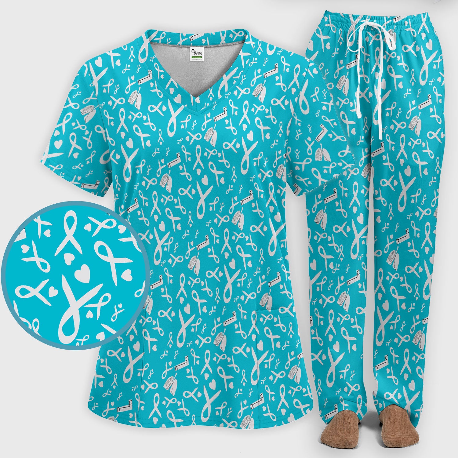 Lung Cancer Awareness Scrub Set for Women - Gray Ribbon Inhaler and Lungs Scrubs Pants and V Neck Top - COPD Asthma Med Uniform