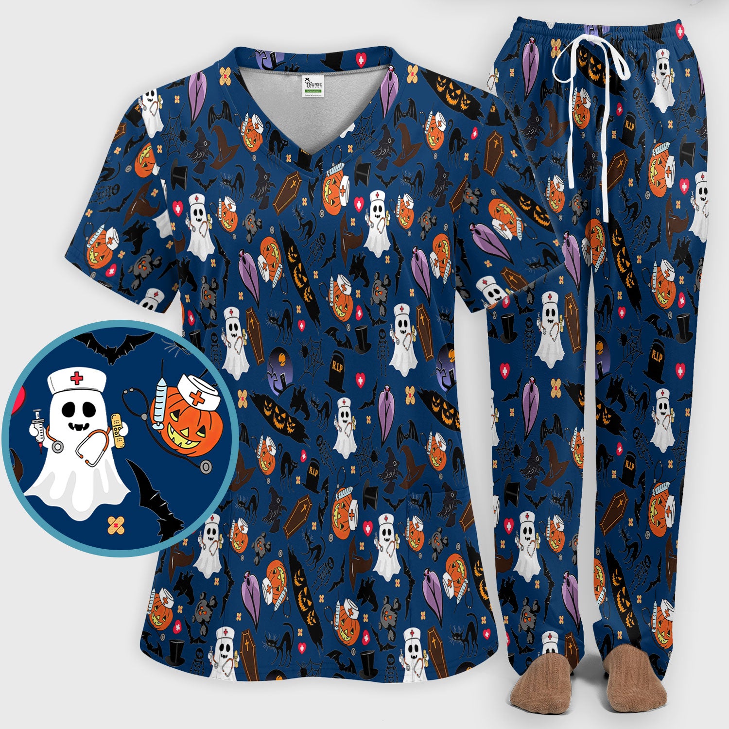 Spooky Halloween Scrub Set - Pumpkin Ghost Bat Nurse Scrubs Pants and V Neck Top - Wicked Witch Medical Uniform for RN CNA LPN