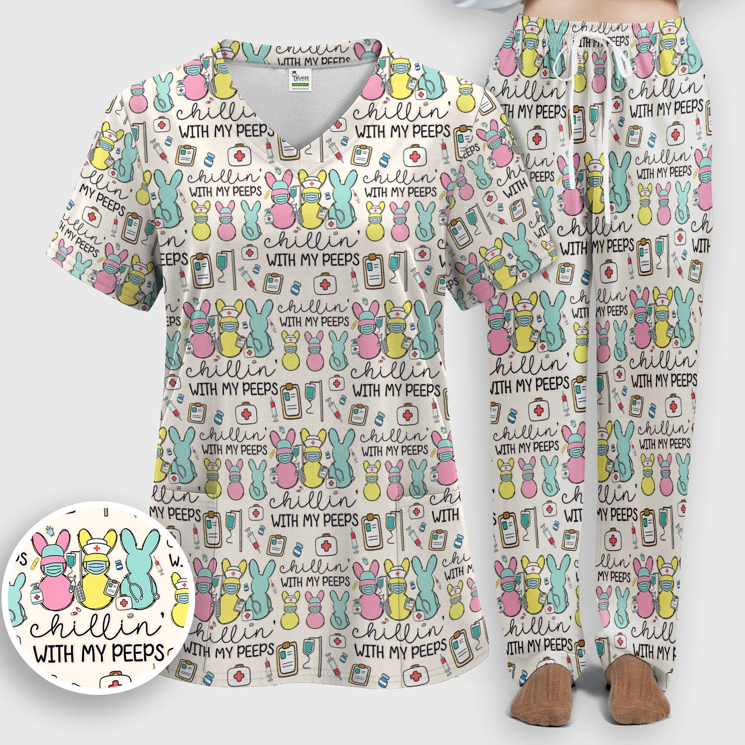 Cute Bunny Nurse Chillin With My Peeps Scrub, Women's Scrub Sets
