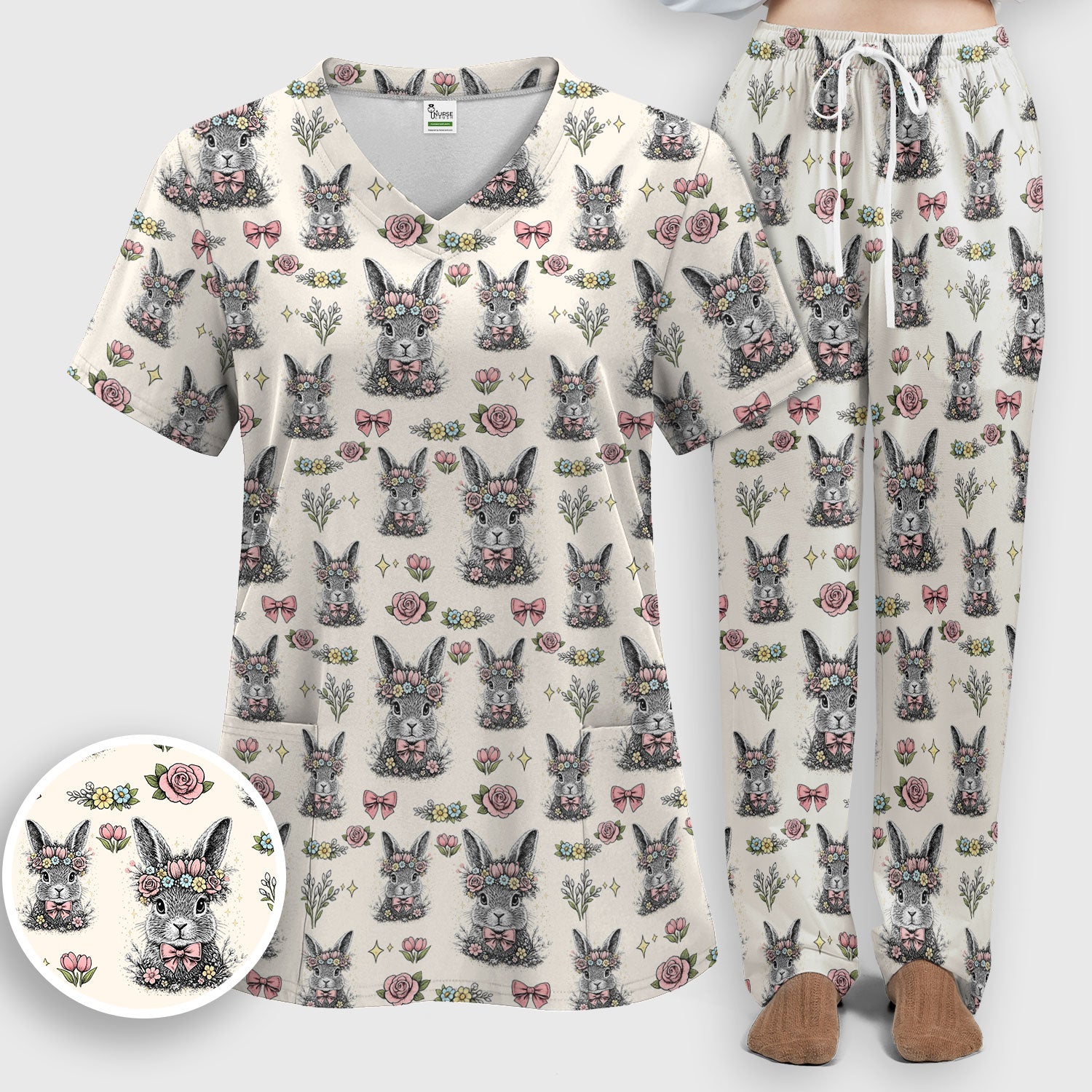 Vintage Floral Bunny Print Scrub Set, Scrub Pants and V Neck Top