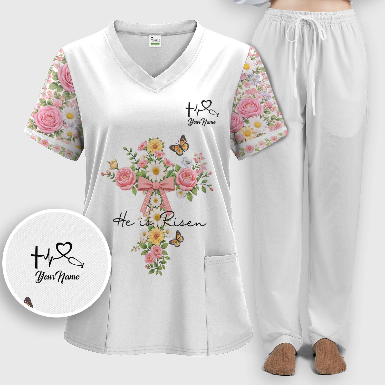 Personalized Meaningful Easter Nurse He Is Risen Floral Cross Bow Pattern Scrub Set, Women's Scrub Sets