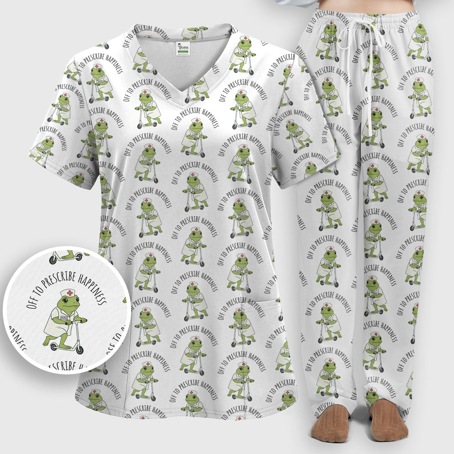 Cute Frog Nurse Off To Prescribe Happiness Scrub Set, Breathable Med Uniform