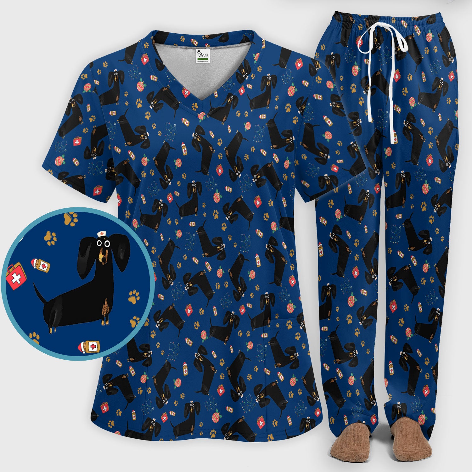 Funny Wiener Dog Scrub Sets for Nurses - Cute Black Dachshund Pants and V Neck Top - Dog Lover Nursing Uniform Gift for Women