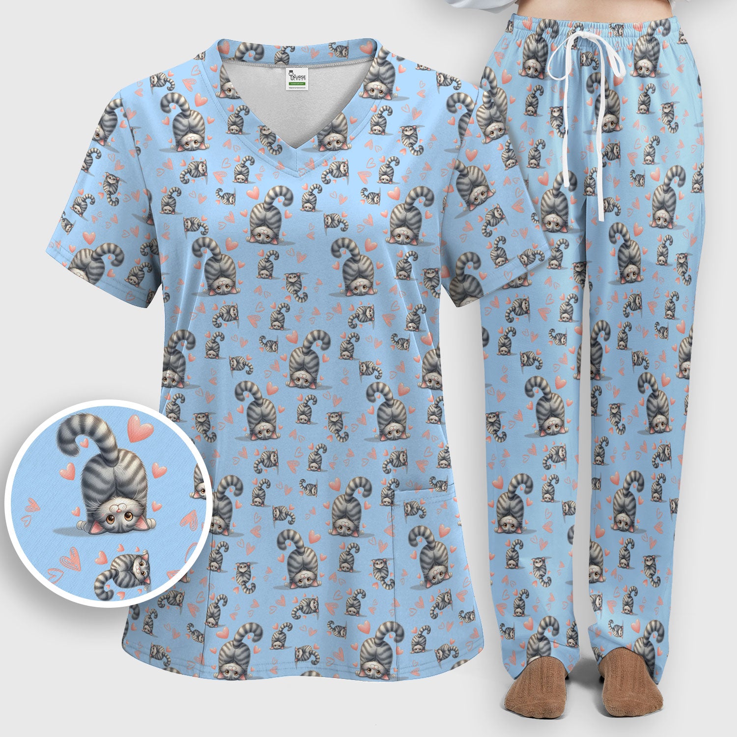 Valentine Cute Cat Scrub Set, Cat Heart Pattern Nurse Uniform, Comfortable Scrubs For Nurses