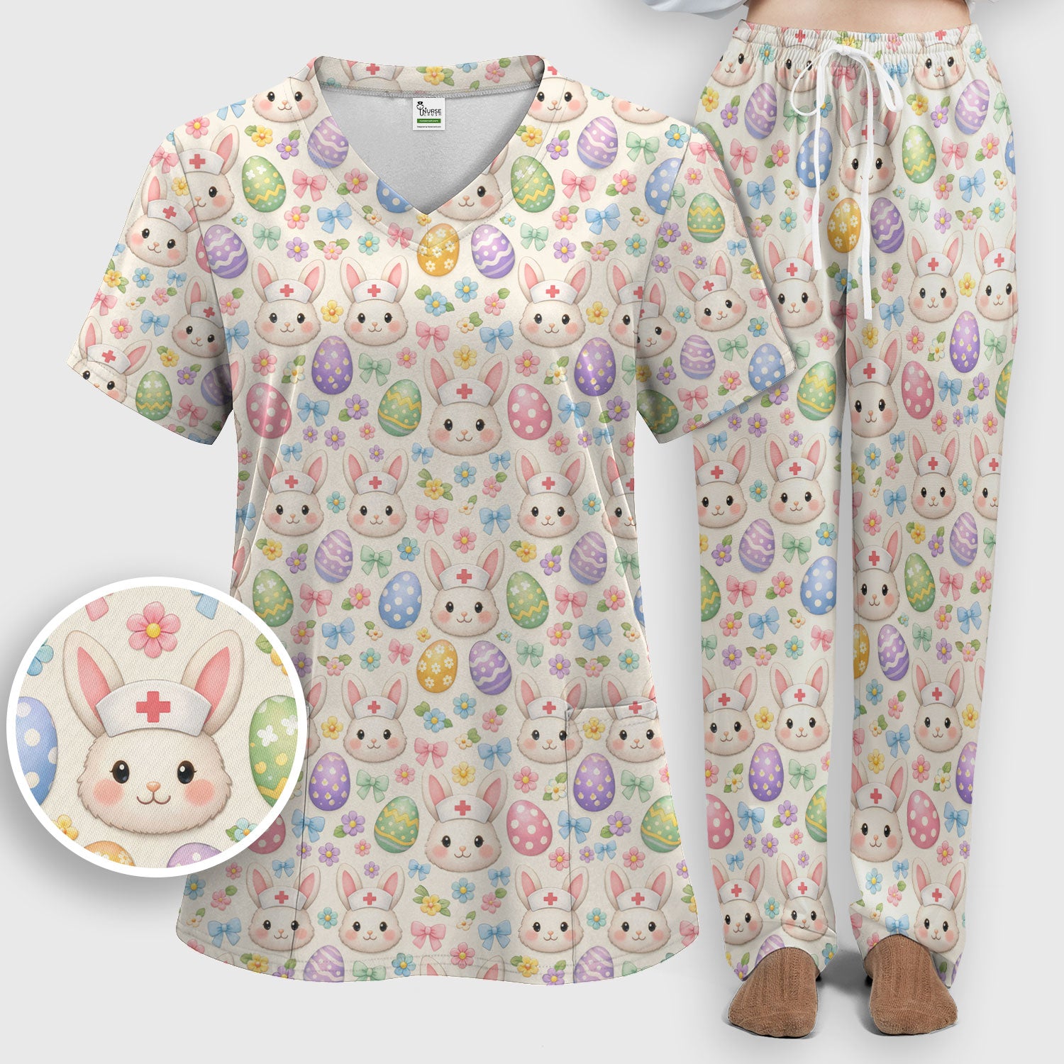 Cute Easter Nurse Bunny Egg Scrub Set, Scrub Pants and V Neck Top