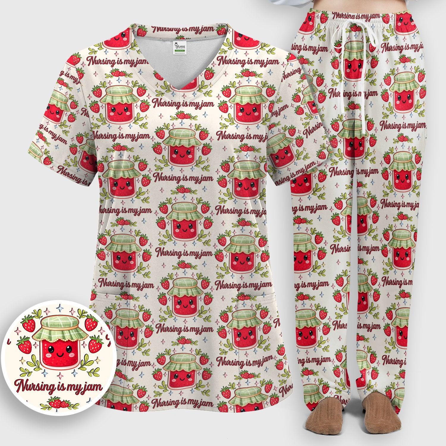 Cute Strawberry Jam Nurse Pattern Scrub Set, Breathable Med Uniform