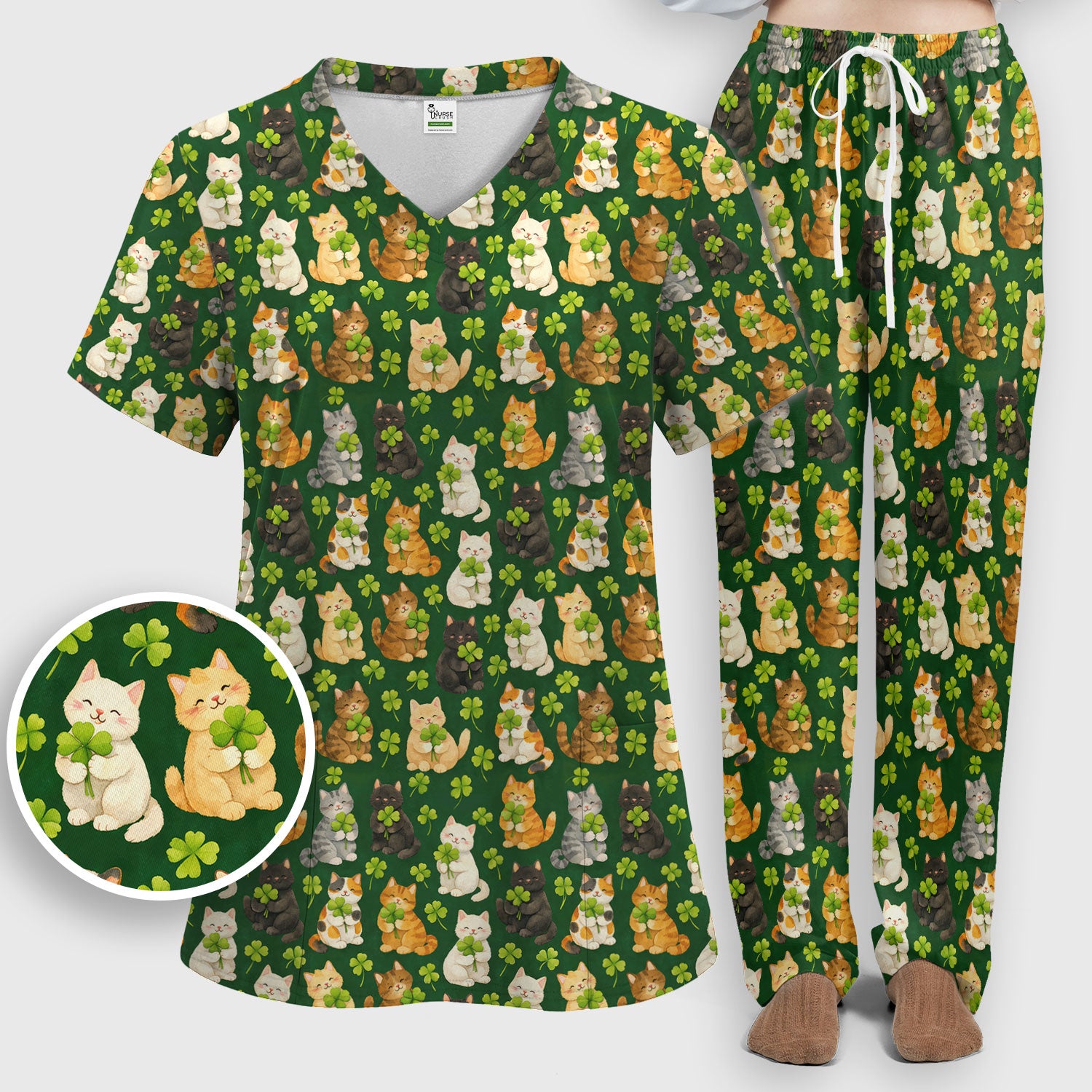 Funny St. Patrick’s Black Cat Nurse Scrub Set, Comfortable Uniform Scrubs For Nursing