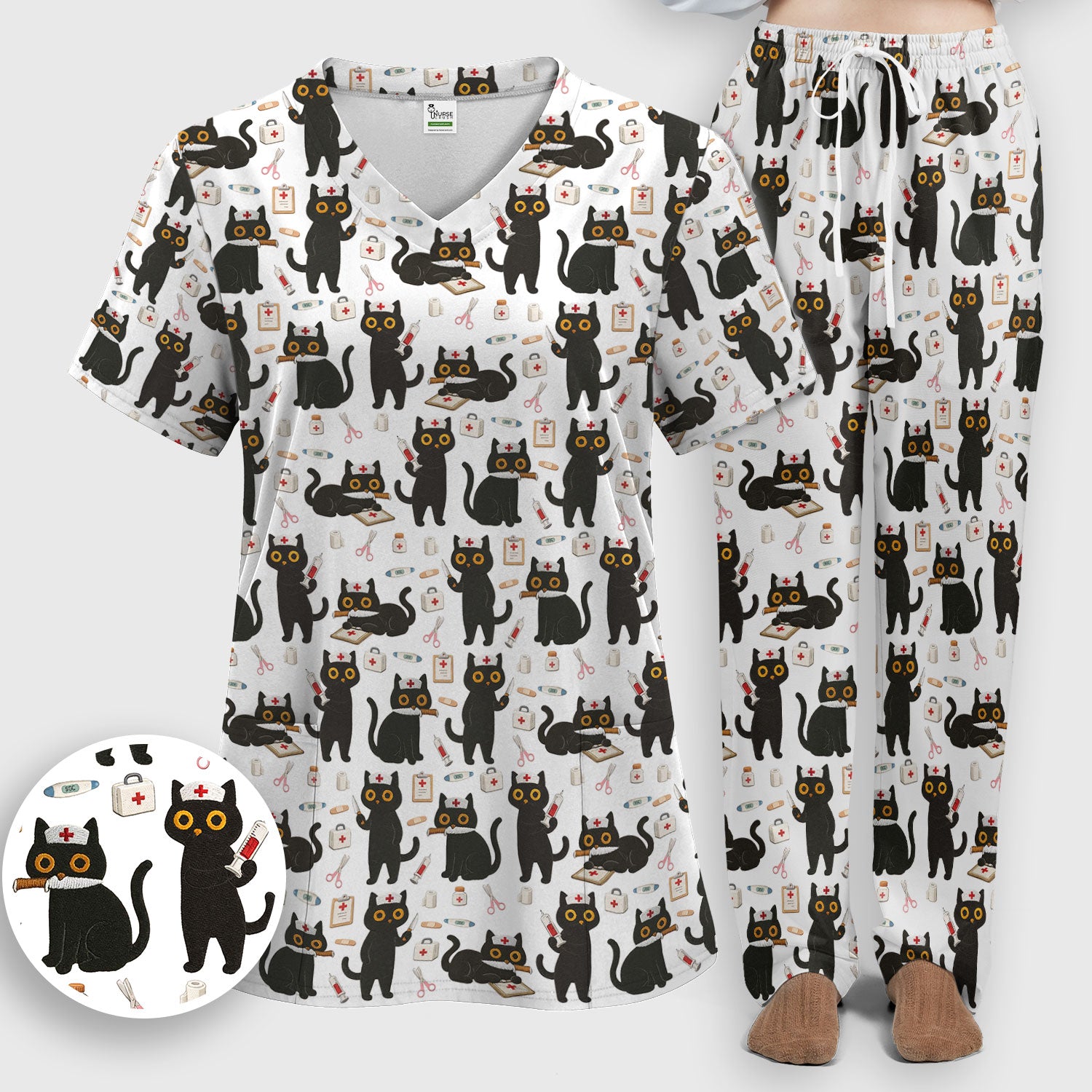 Cute Black Cat Nurse Pattern Women's Scrub Set, Breathable Med Uniform