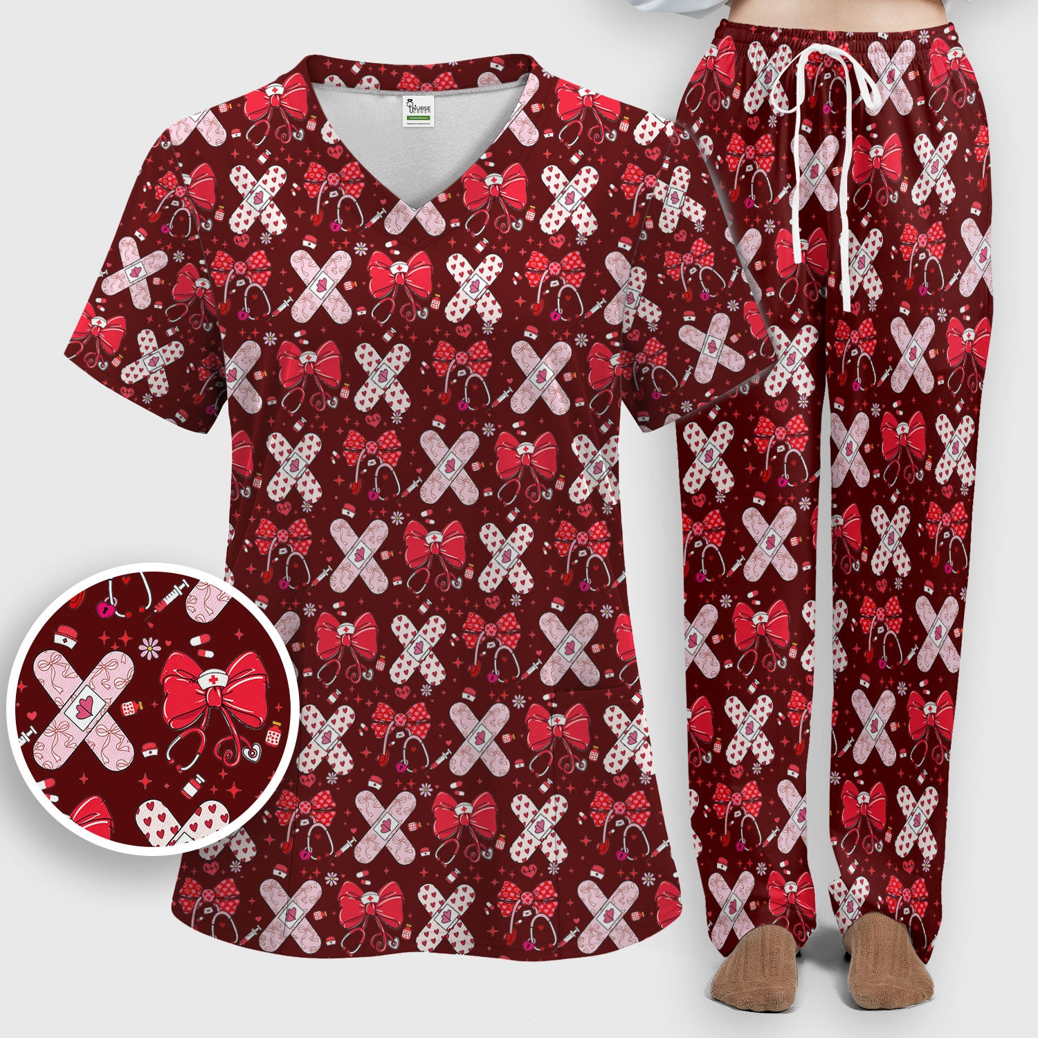Valentine Nurse Scrub Set, Red Bow And Heart Bandage Pattern Medical Shirt, Breathable Fabrics Nursing Uniform