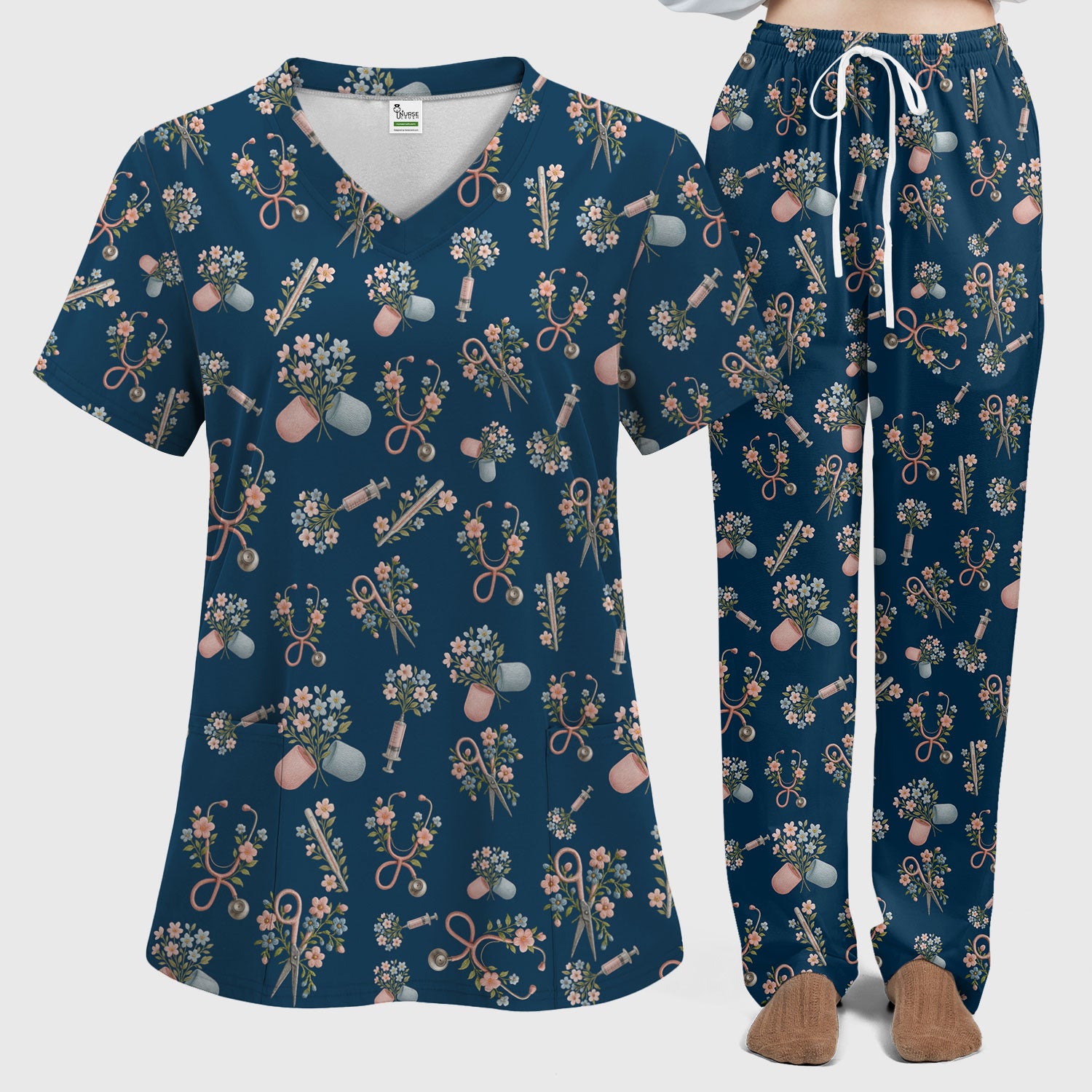 Floral Medical Scrub Set, Elegant Stethoscope With Flower Nursing Shirt, Breathable Fabrics Nurse Uniform