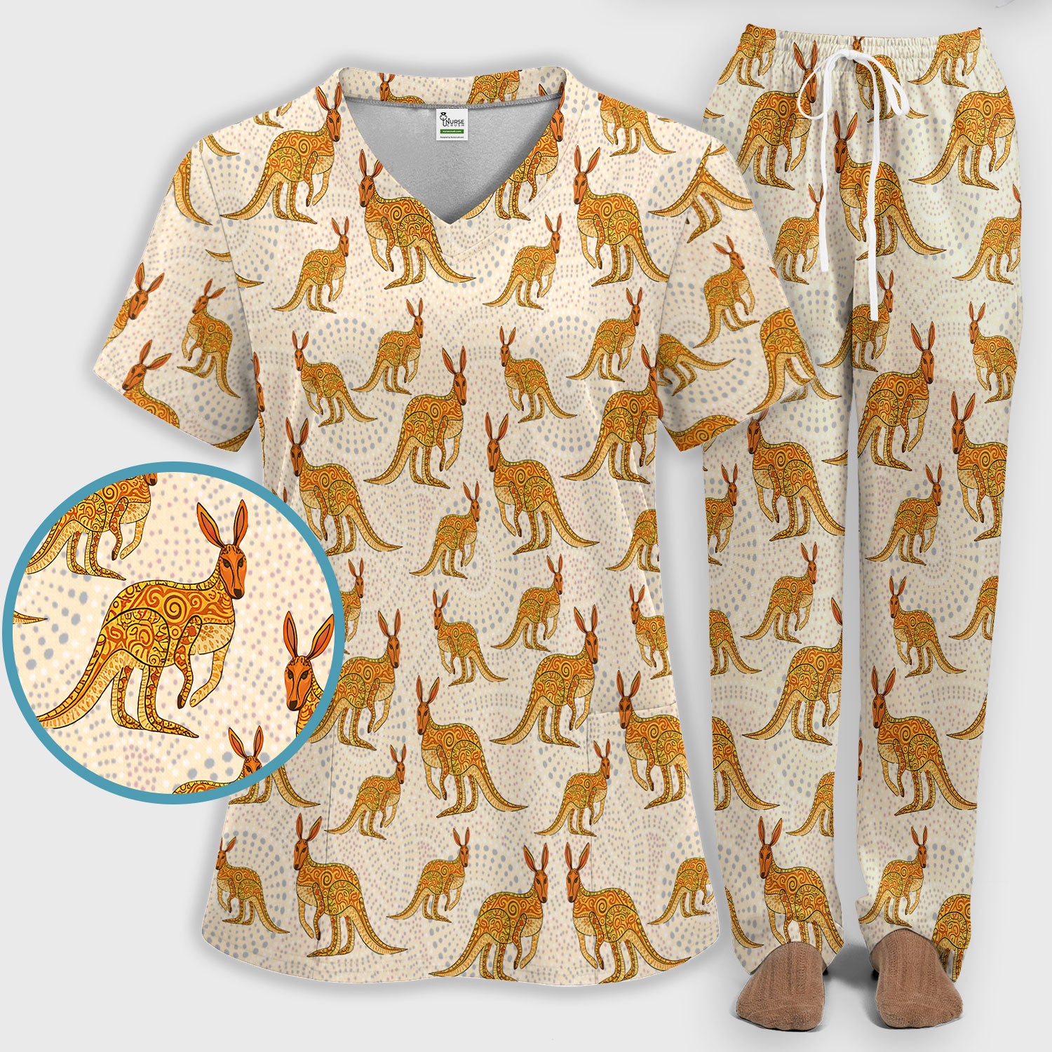 Australian Kangaroo Dot Art Inspired Nursing Scrub Set - Women Uniform