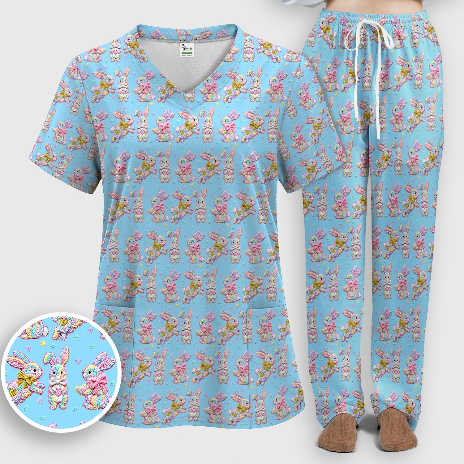 Cartoon Bunny All Over Print Set, Scrub Pants and V Neck Top