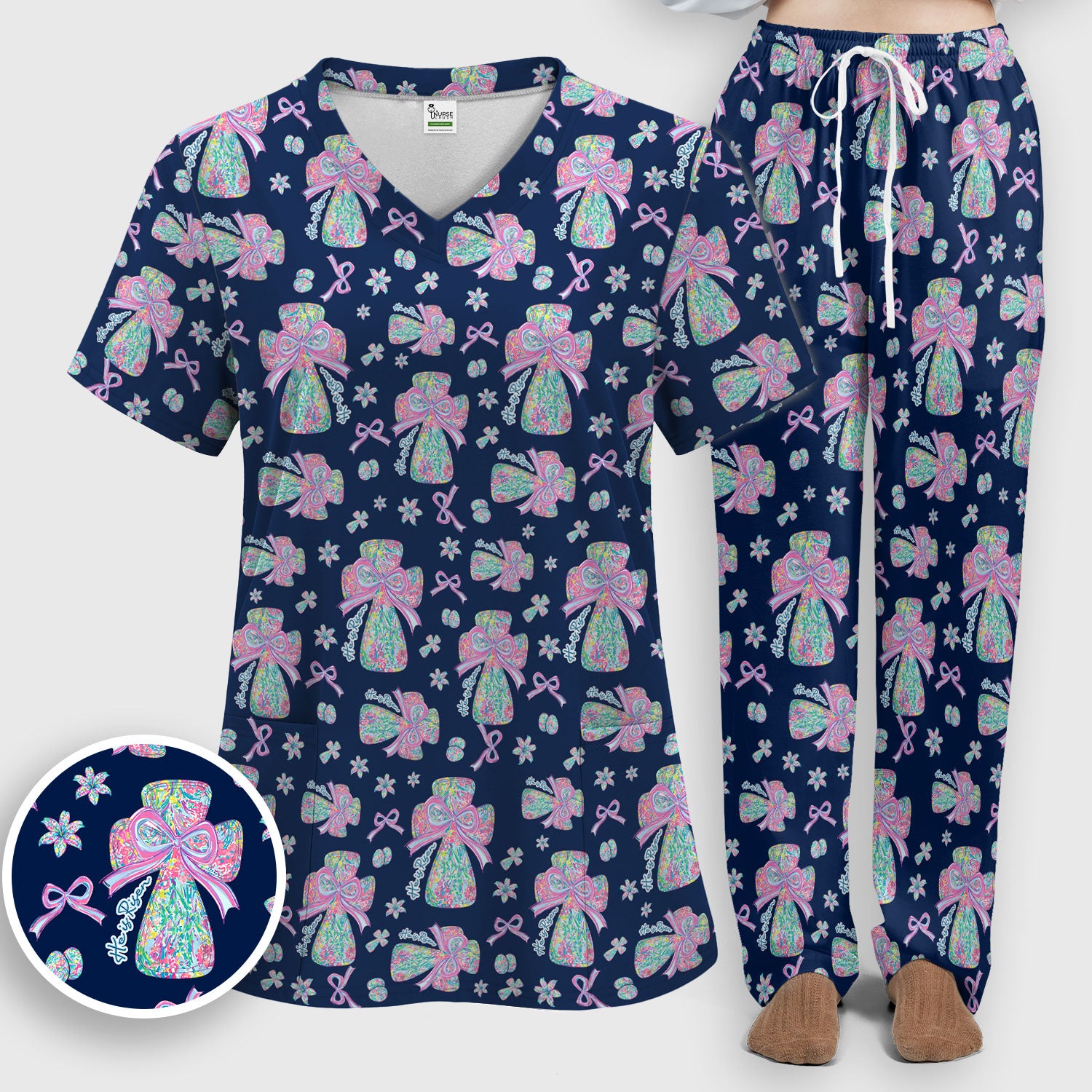 Colorful Bow Pattern Women's Scrub Sets, Breathable Med Uniform